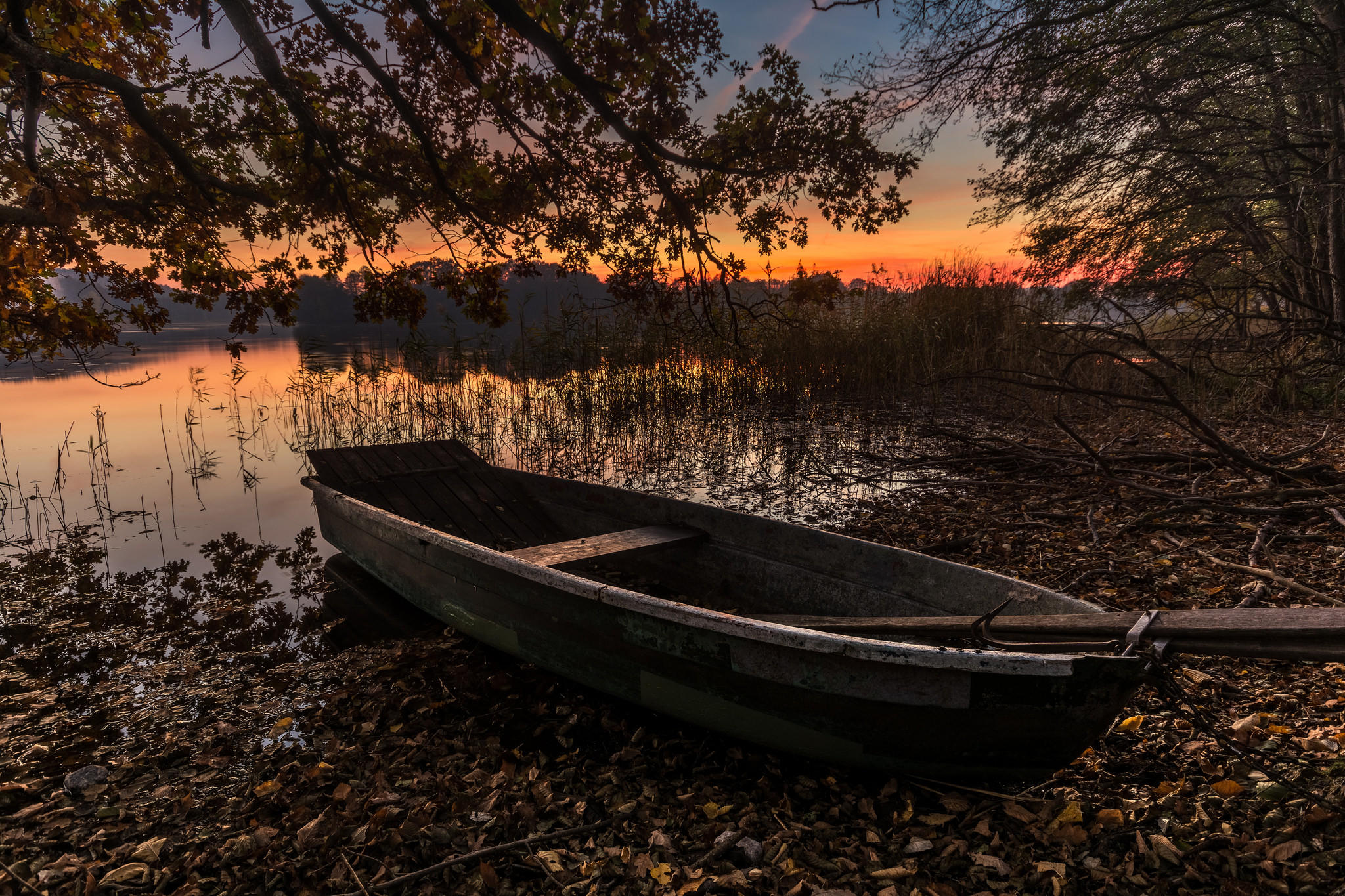 лодка озеро закат деревья скачать