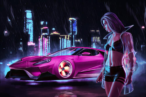 A cyberpunk girl with a cool car.