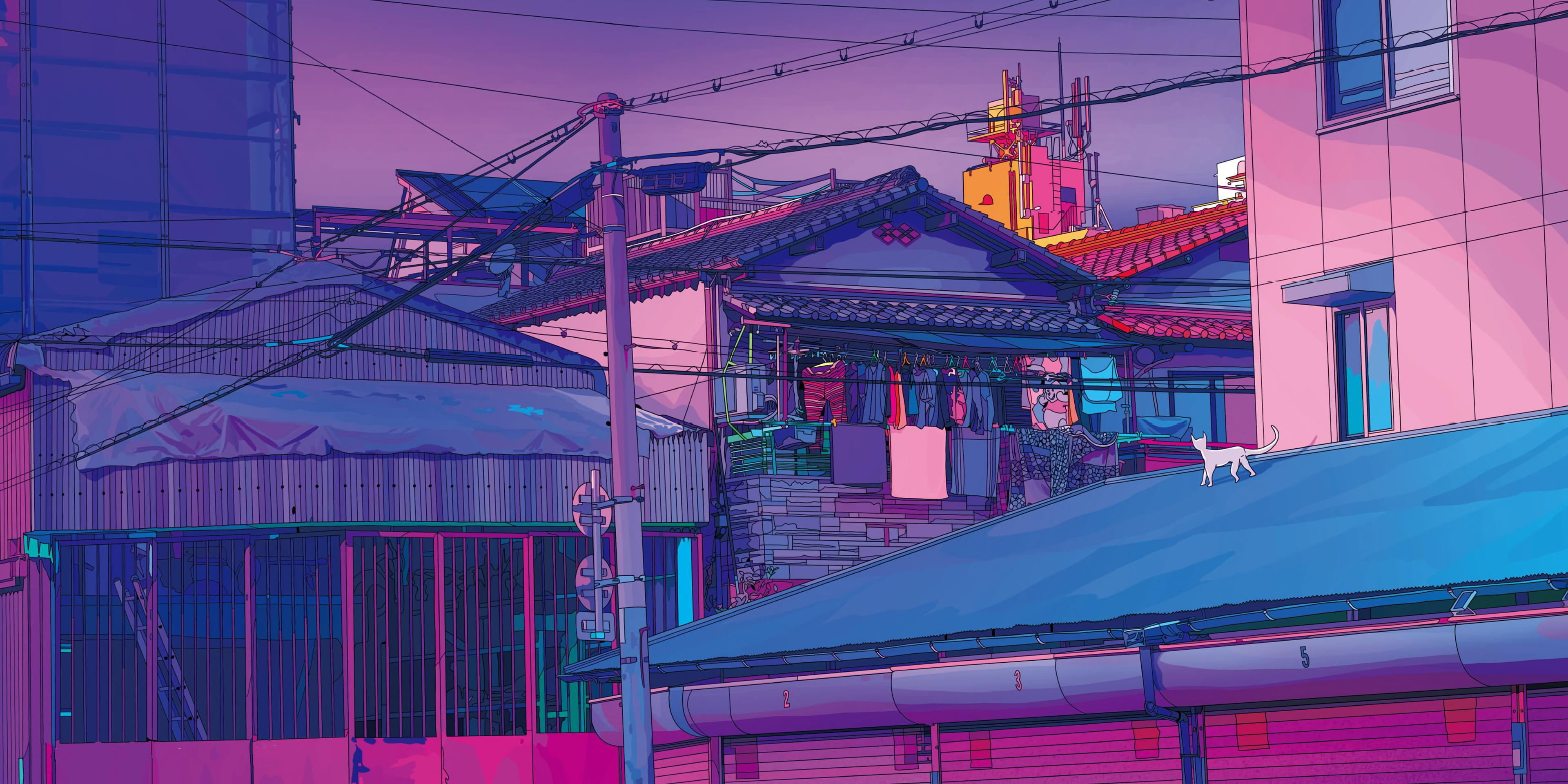 Photo wallpaper anime city houses powerlines - free pictures on Fonwall