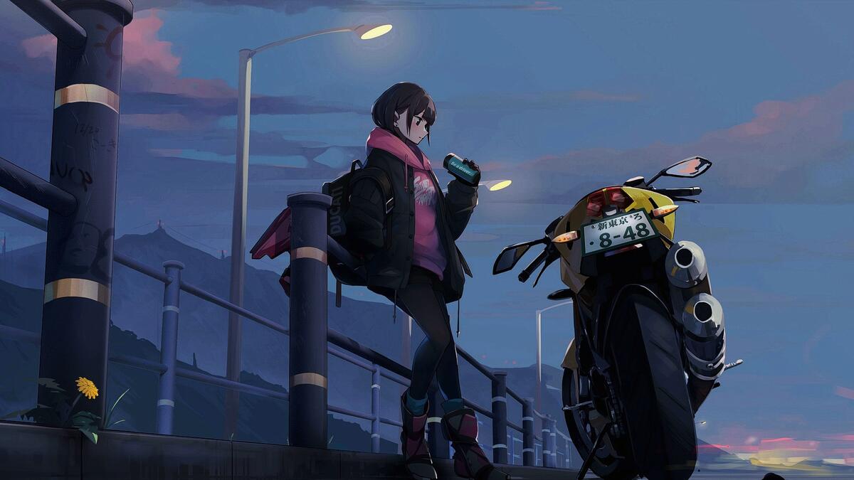 Рисунок девушка и мотоцикл