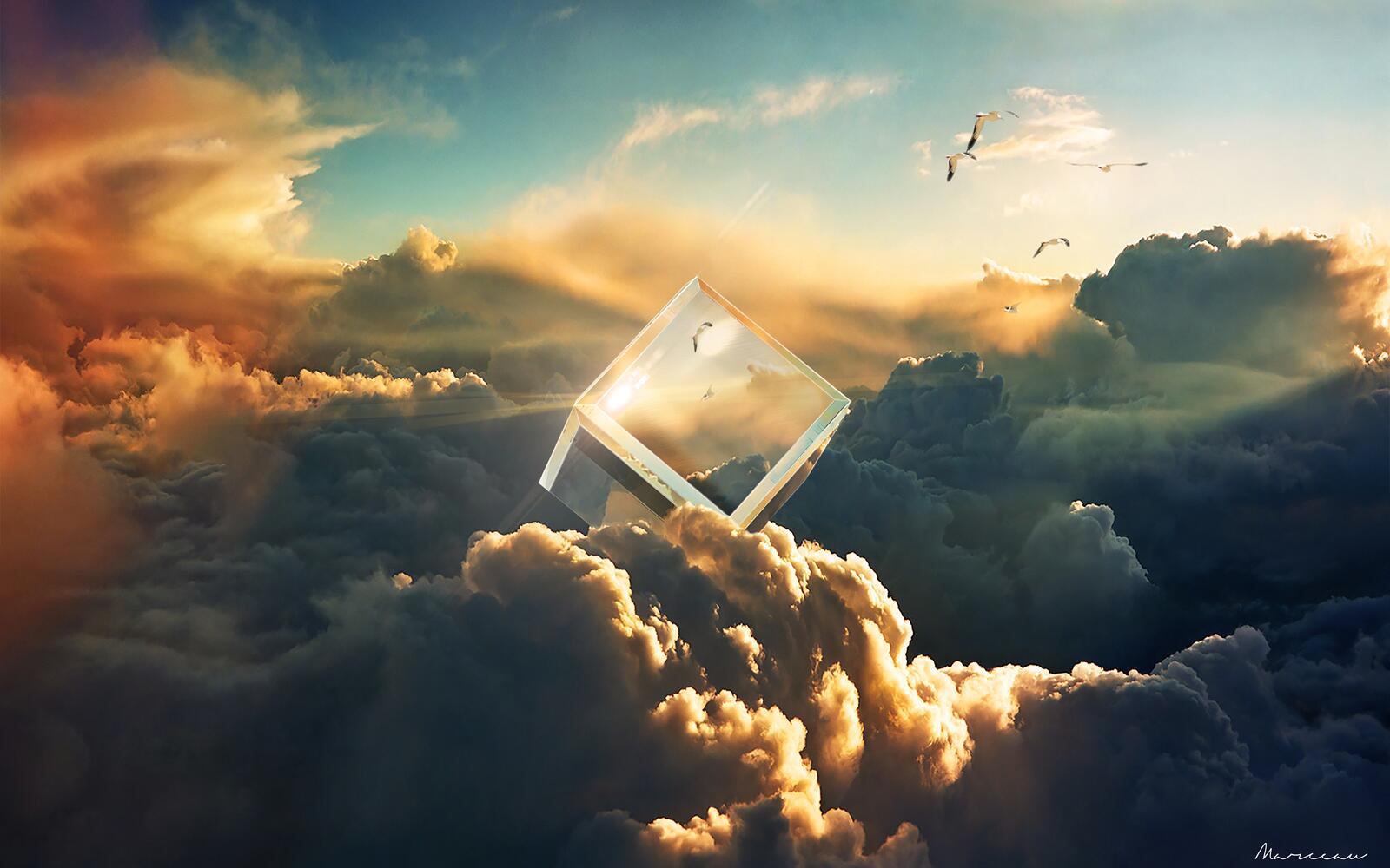 Wallpapers clouds cube birds on the desktop