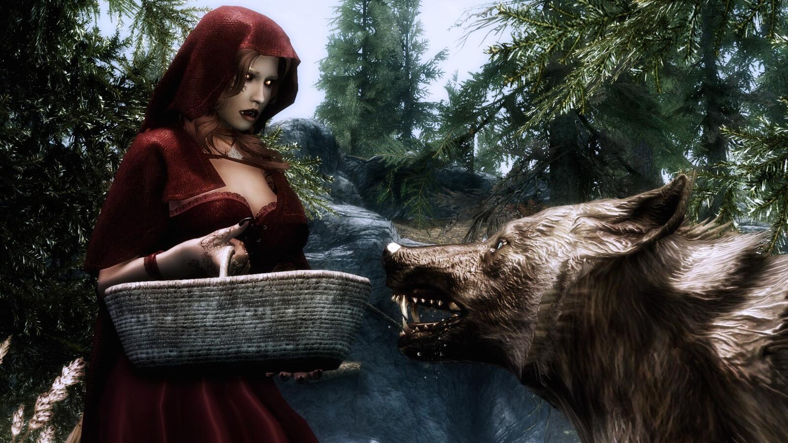 Бесплатное фото Красная шапочка испугалась серого волка