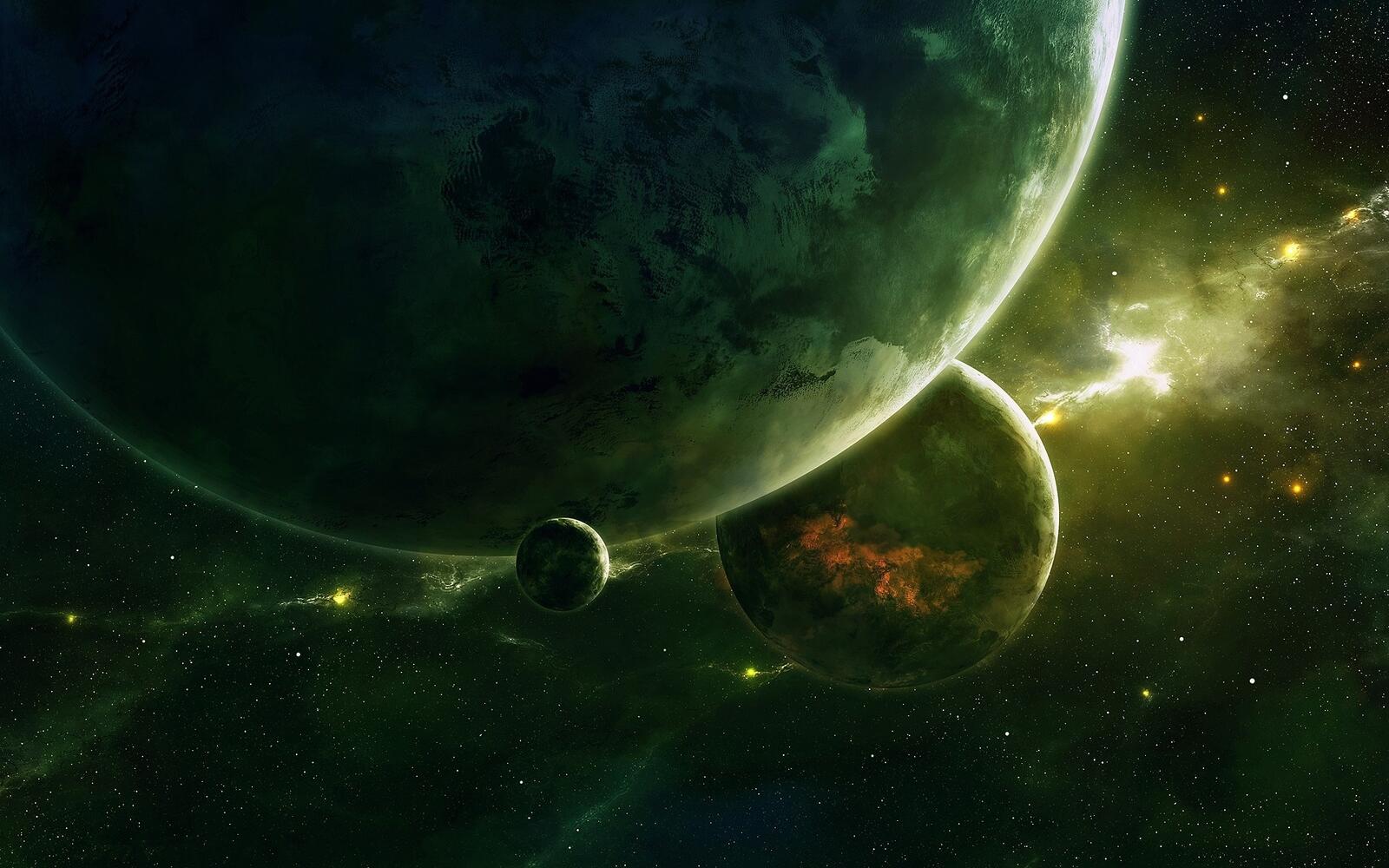 Обои планеты звезды зеленая туманность на рабочий стол