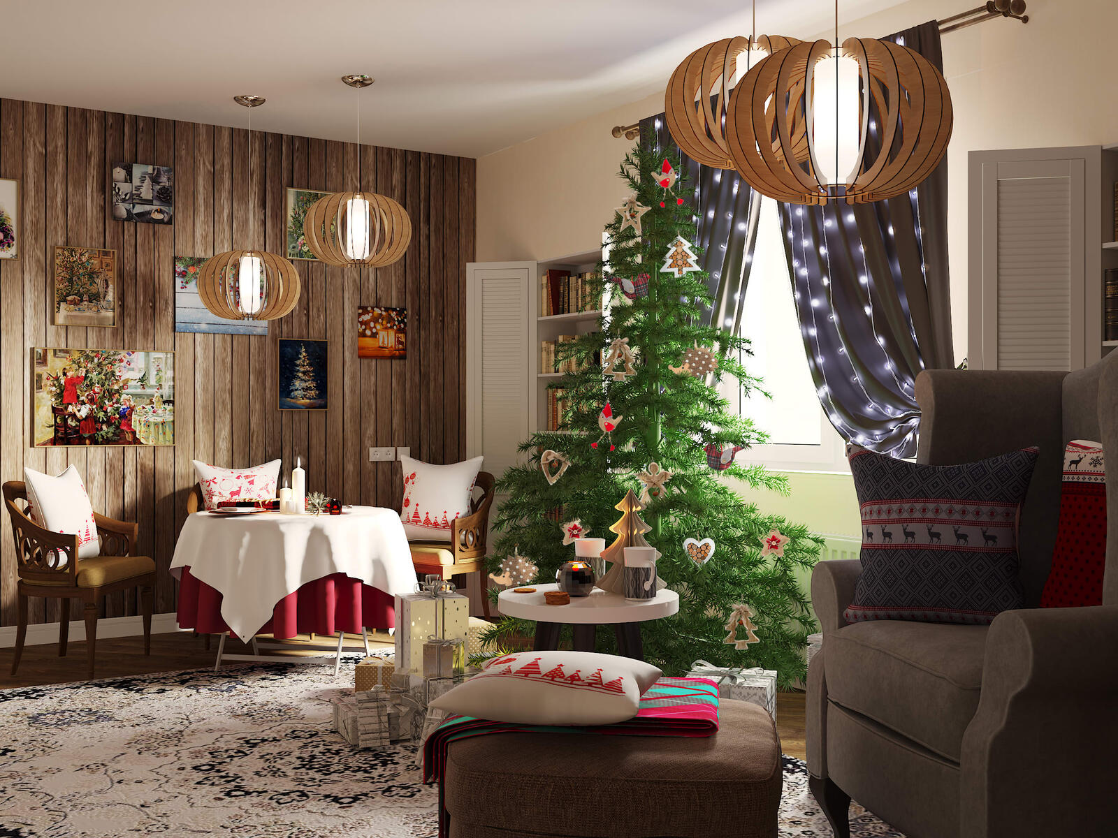 Обои интерьер дома праздники рождественская елка на рабочий стол