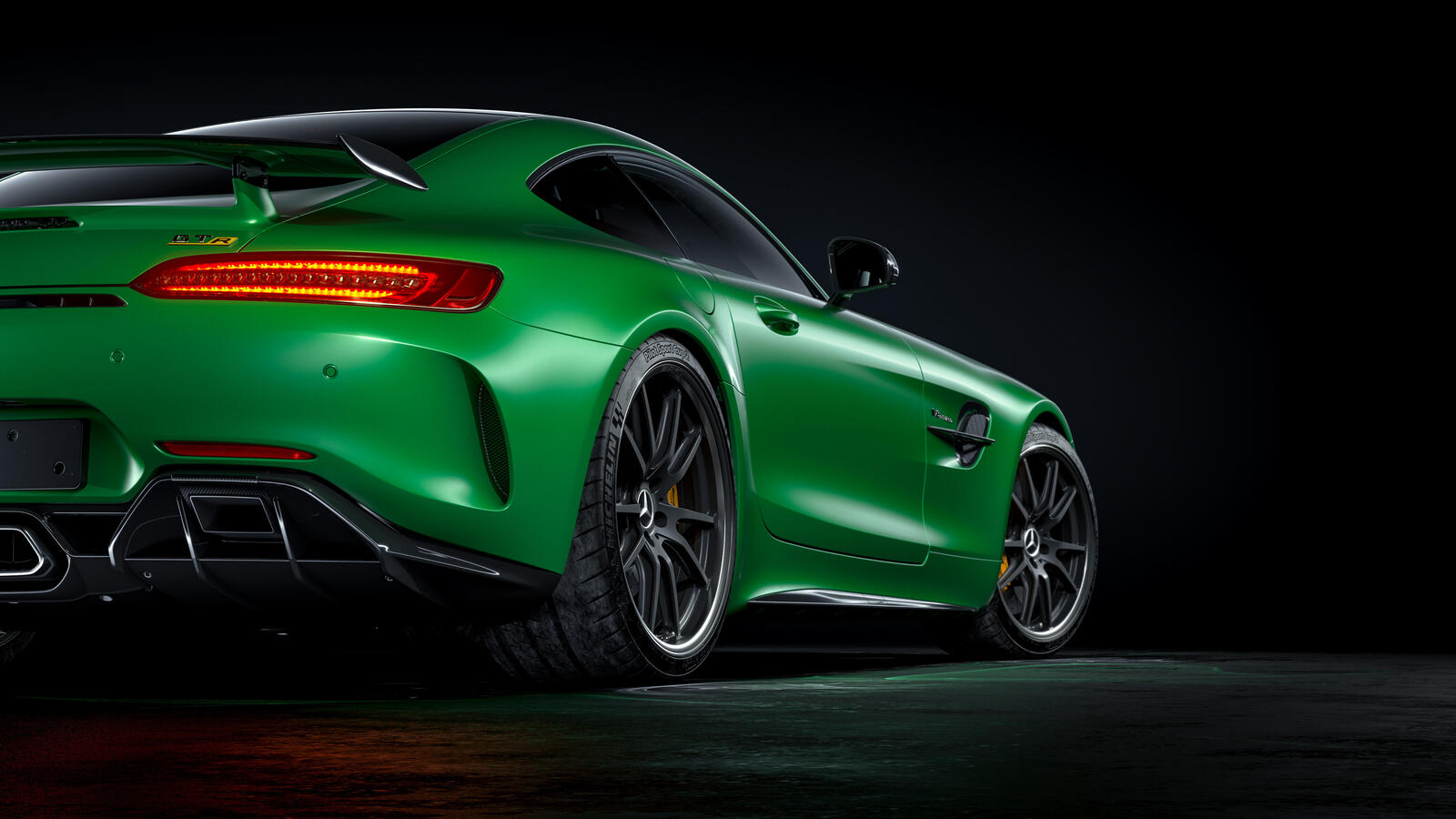 Wallpapers green car view from behind Mercedes AMG GTR on the desktop