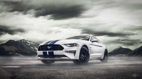 White Ford Mustang with blue stripes
