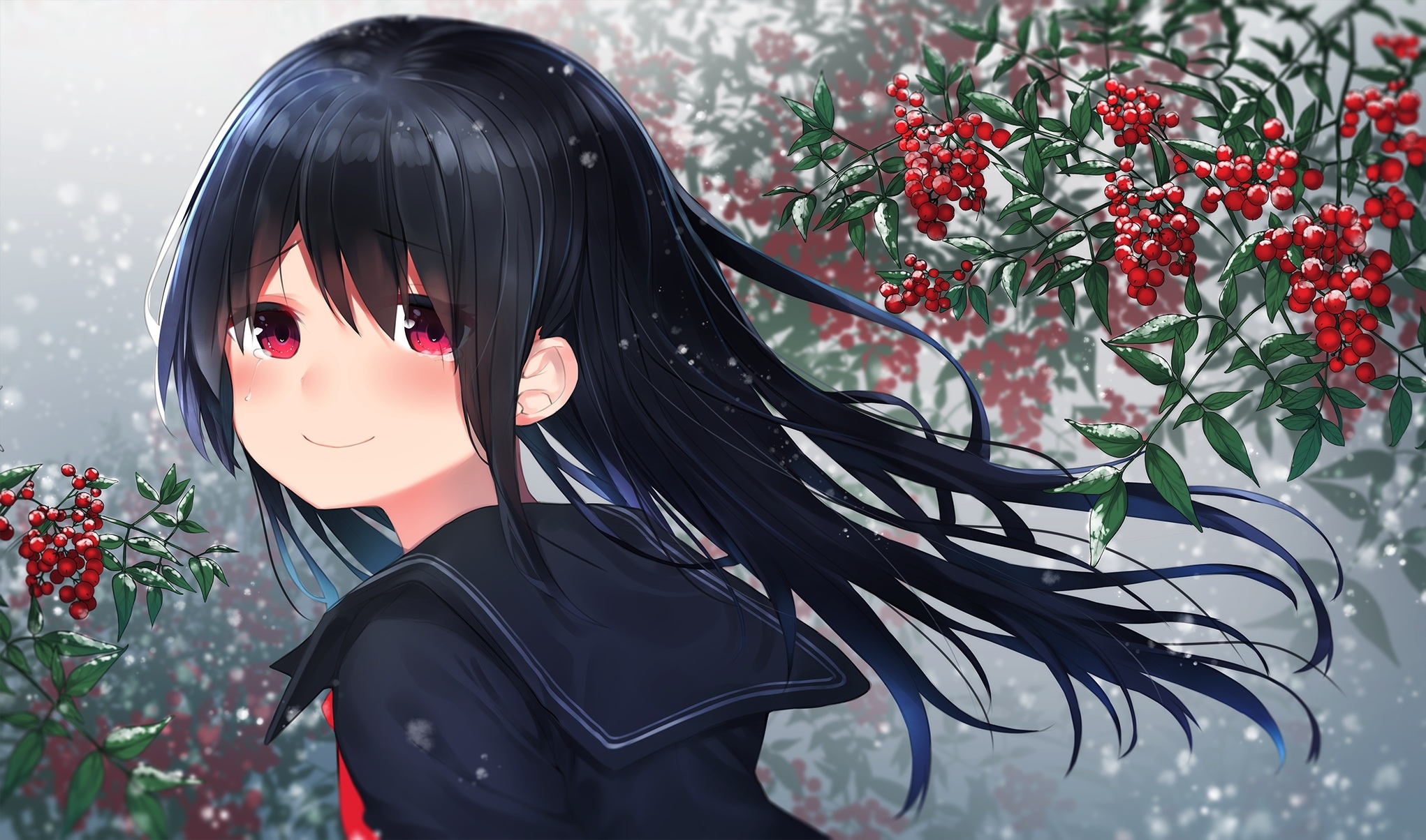Фото бесплатно аниме девушка, черные волосы, улыбается