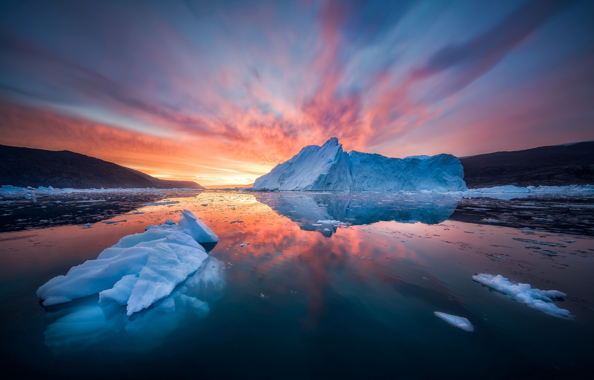 Фото бесплатно айсберги, закат, Арктика