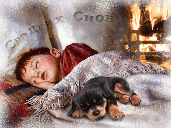Postcard free dog, inscription, fireplace