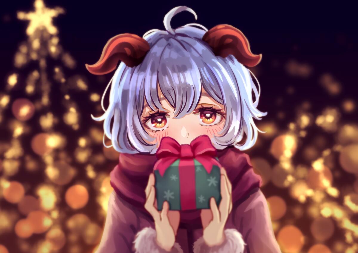 Anime girl with a new year`s gift.