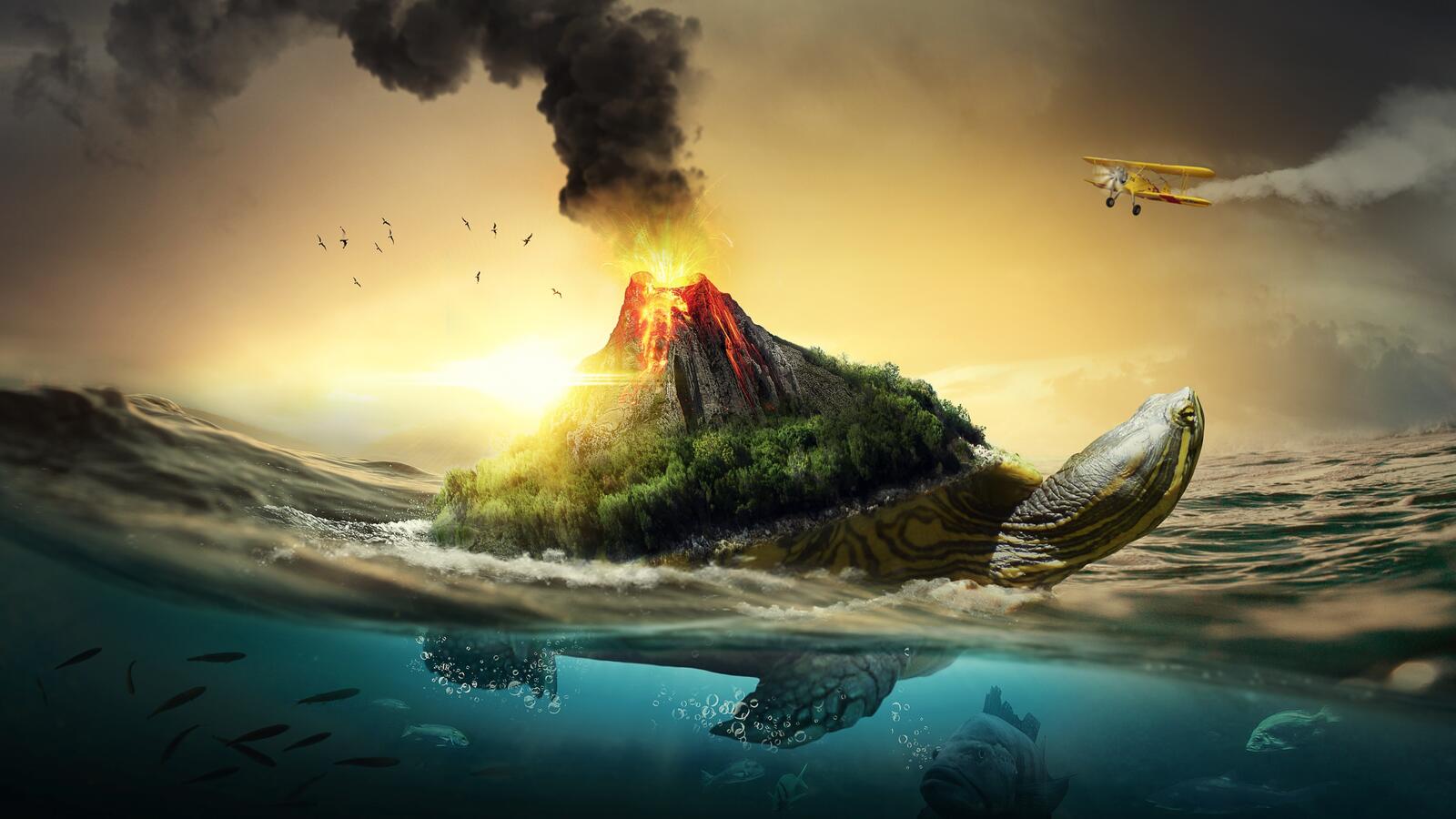 Бесплатное фото Извергающийся вулкан на панцире морской черепахи