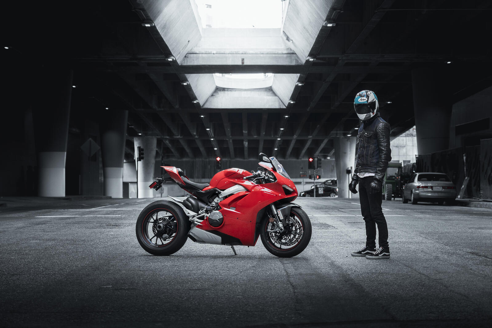 Free photo A red Ducati in a monochrome photo