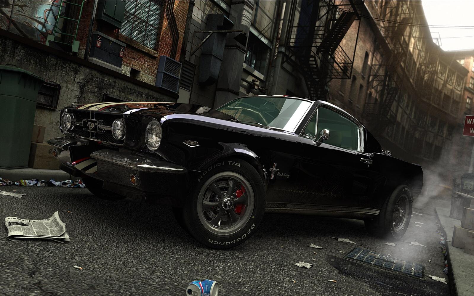 Ford Mustang черного цвета на американской улице