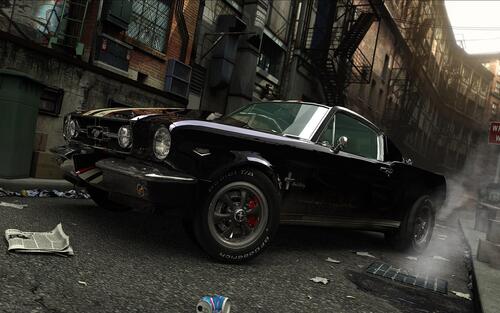 A black Ford Mustang on an American street