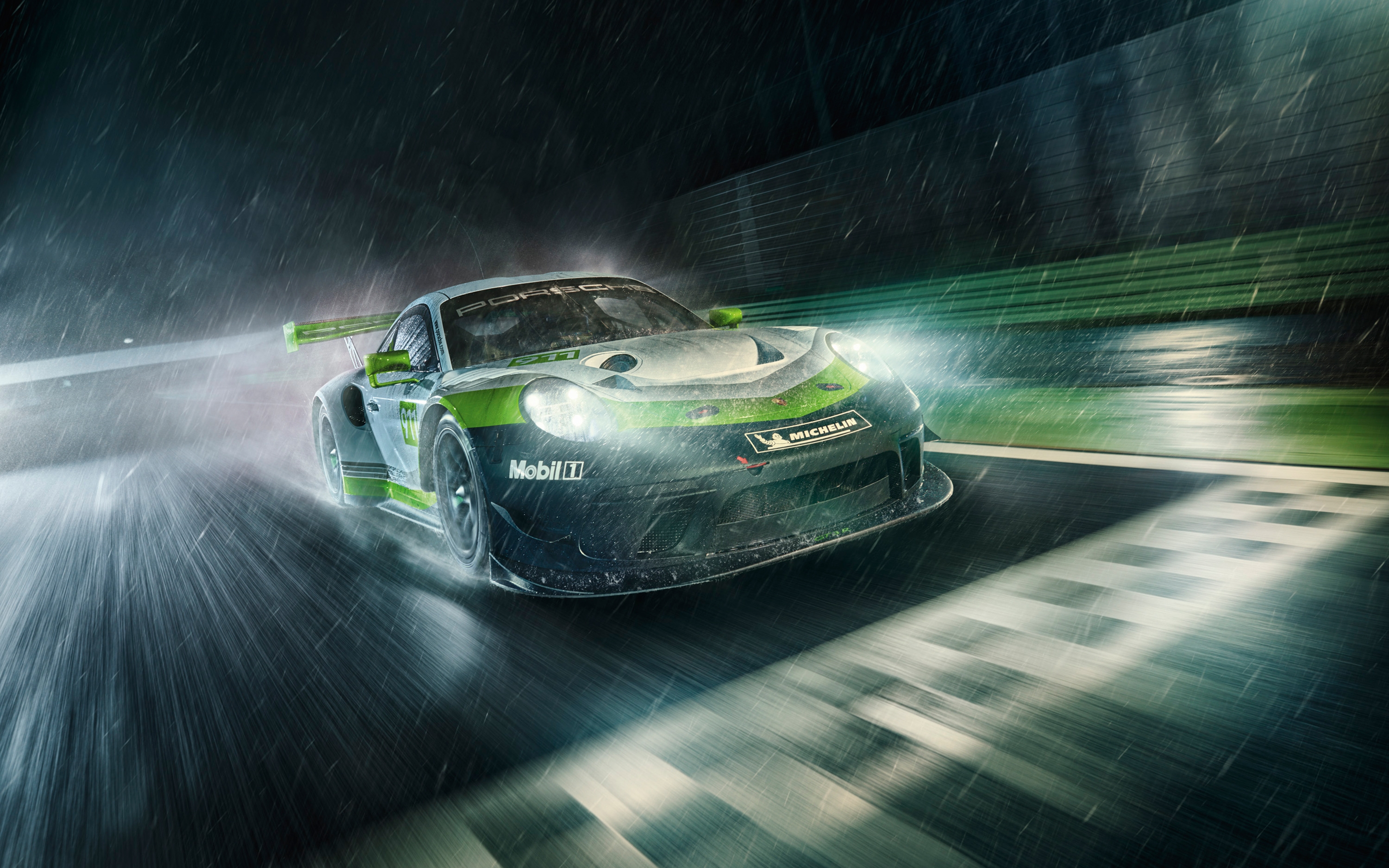 Free photo The Porsche 911 Gt3 R drives on a rainy road at night.
