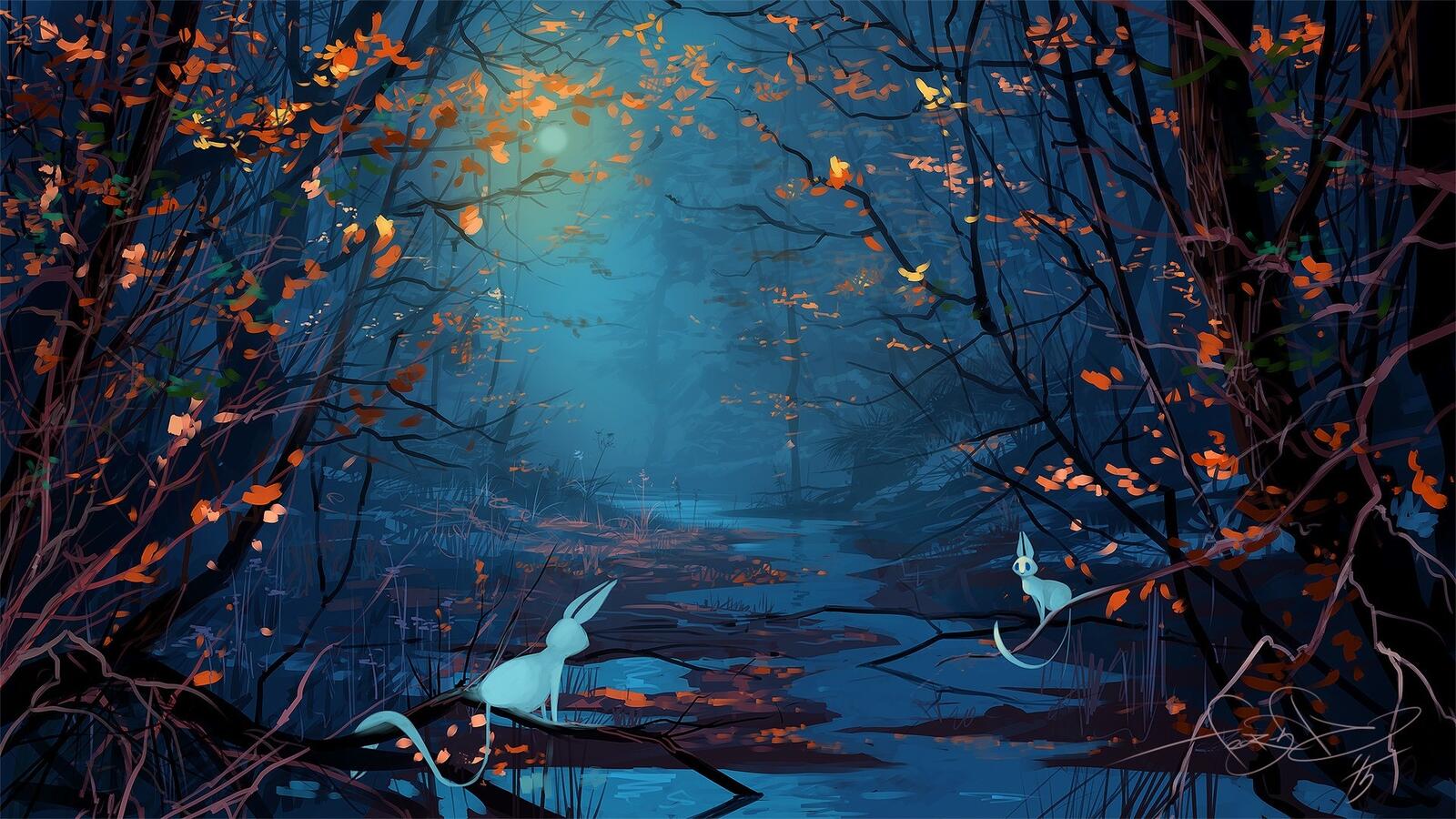 Бесплатное фото Нарисованный фантастический ночной лес