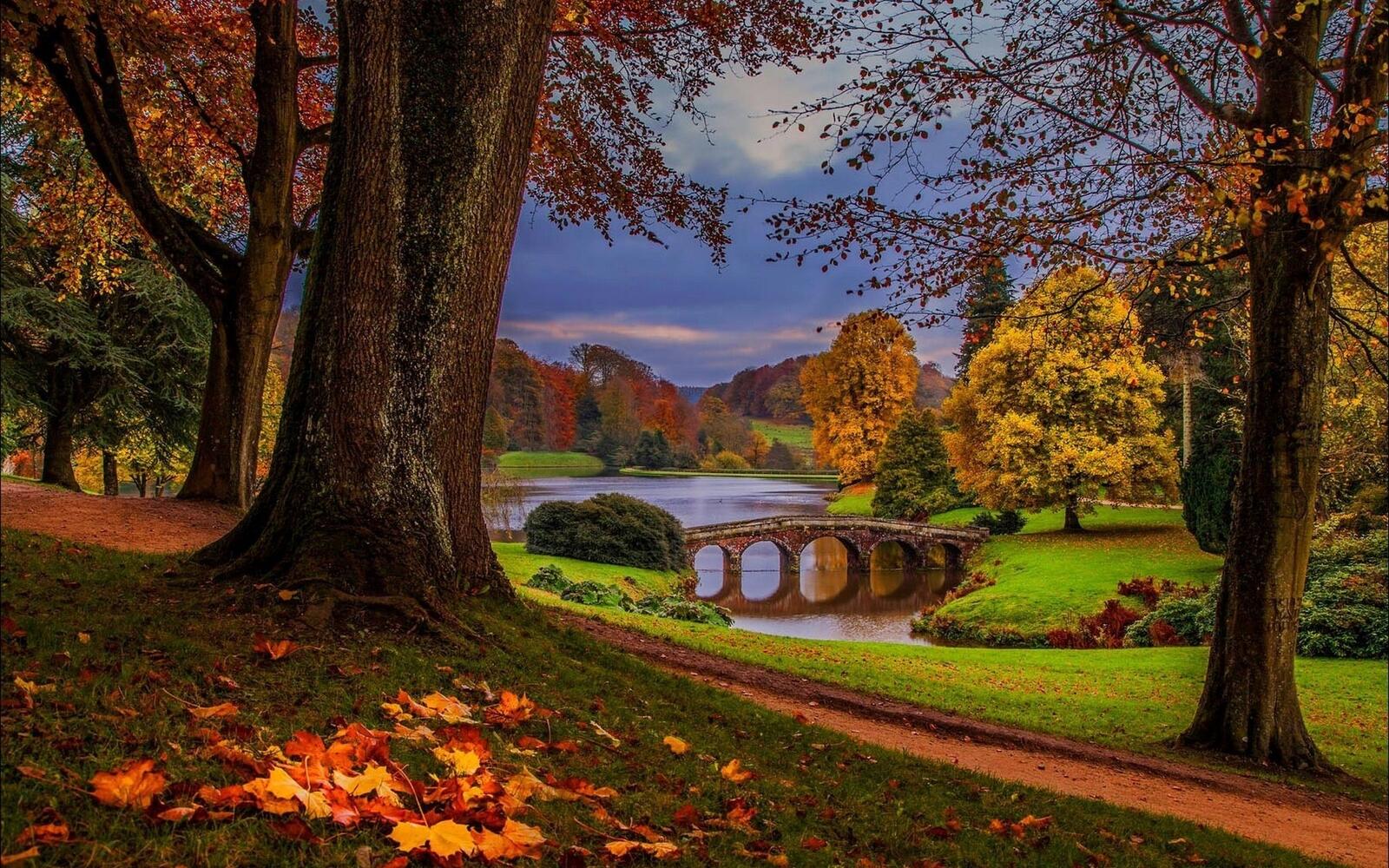Бесплатное фото Небольшой каменный мост через реку осенью