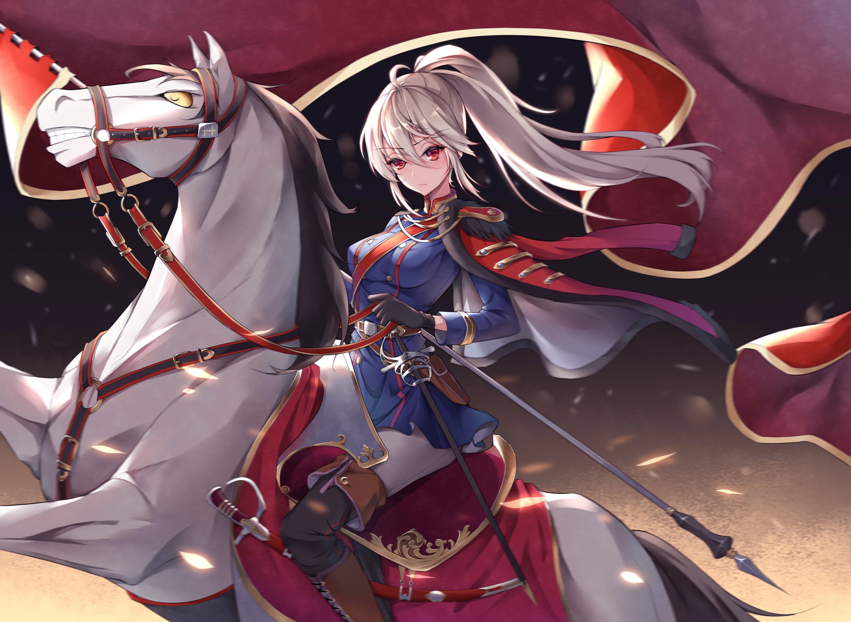 Photo wallpaper anime knight girl, white horse, sword, military uniform,  cape, red eyes, anime - free pictures on Fonwall