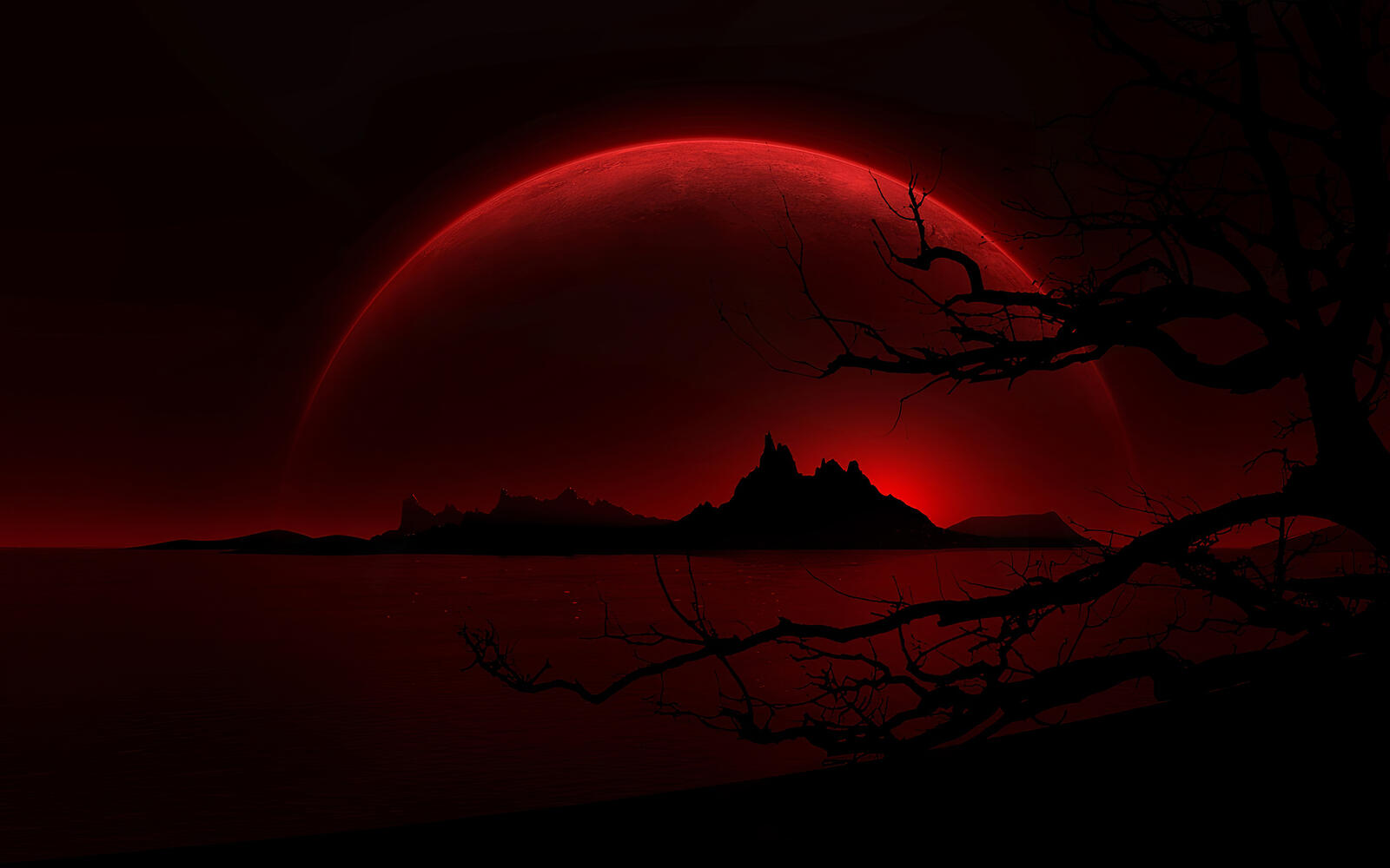 Free photo The red moon illuminates the river in the night