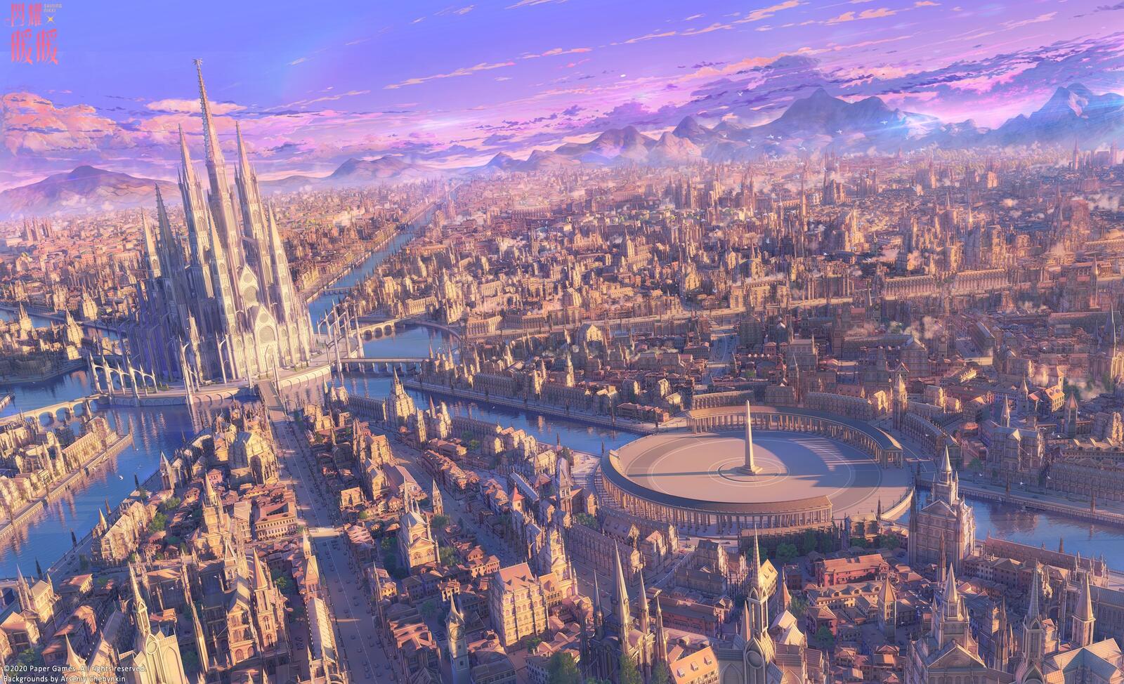 Обои аниме городской пейзаж Arsenixc фантастический мир на рабочий стол