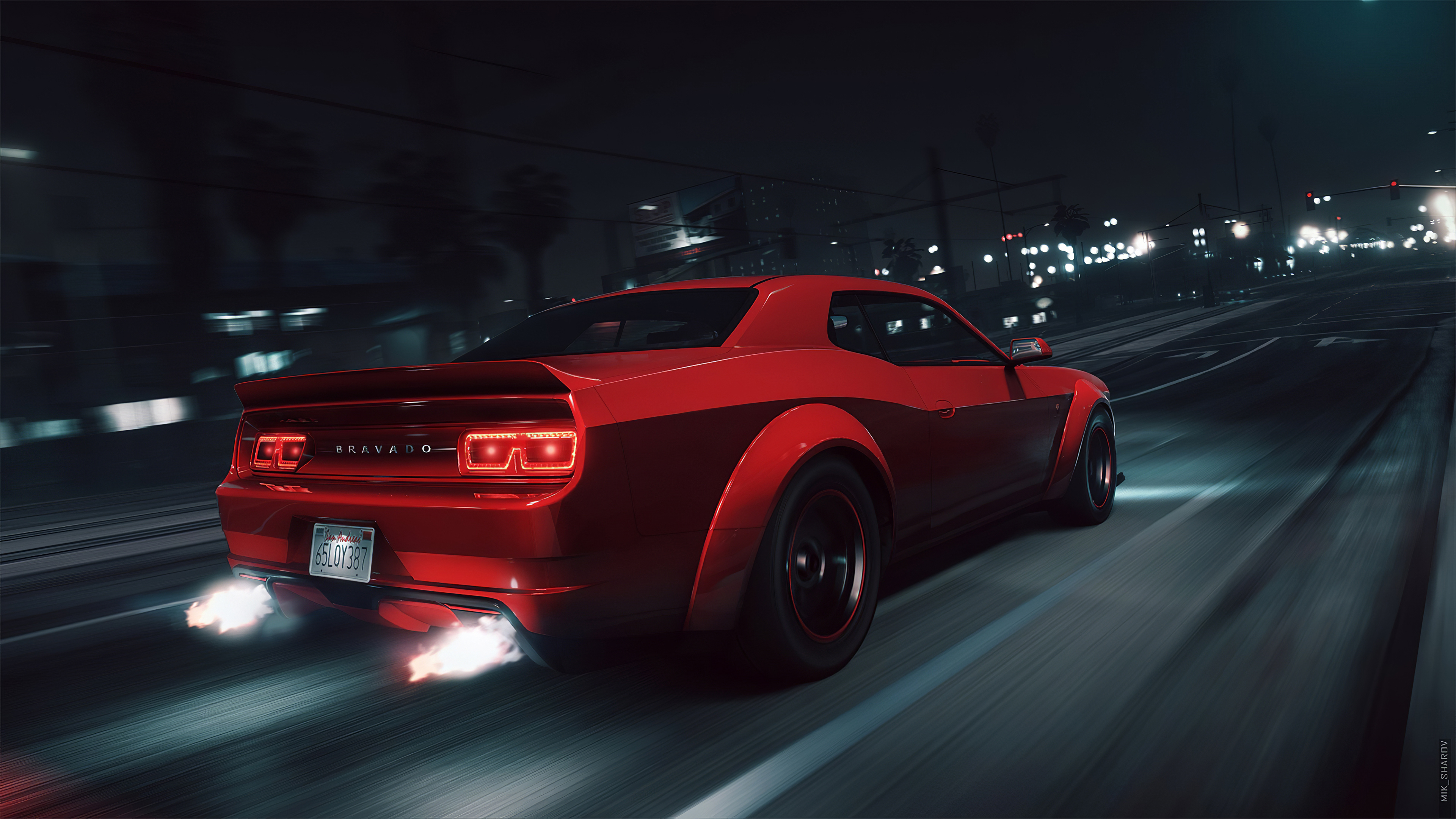 A rendering of a picture of a red Dodge Challenger at night