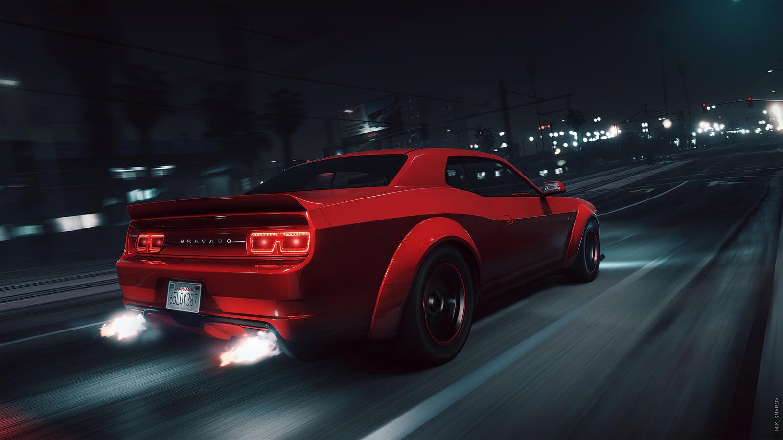 Free photo A rendering of a picture of a red Dodge Challenger at night