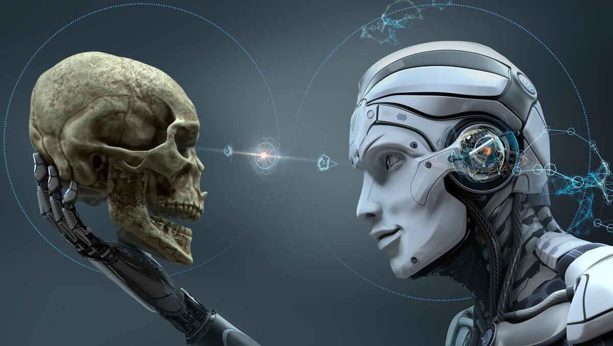 Cyborg looks at human skull