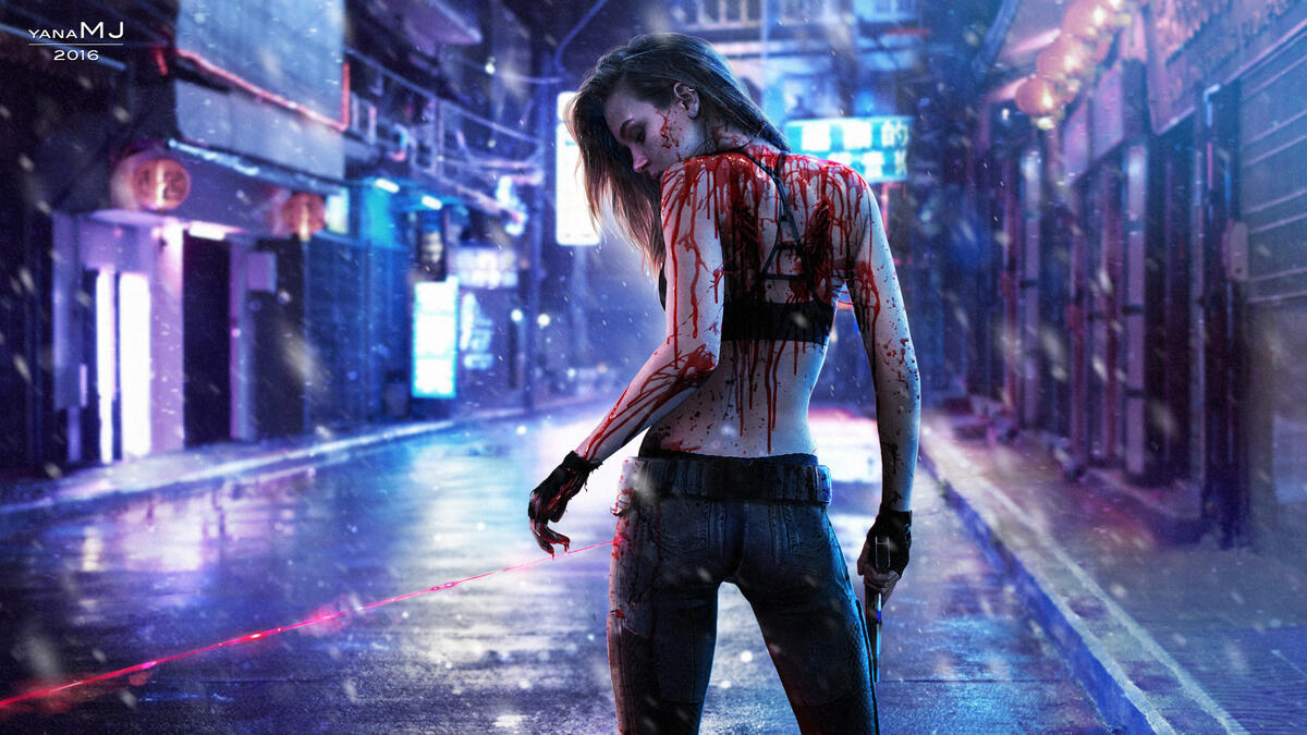 Девушка в крови из игры киберпанк 2077