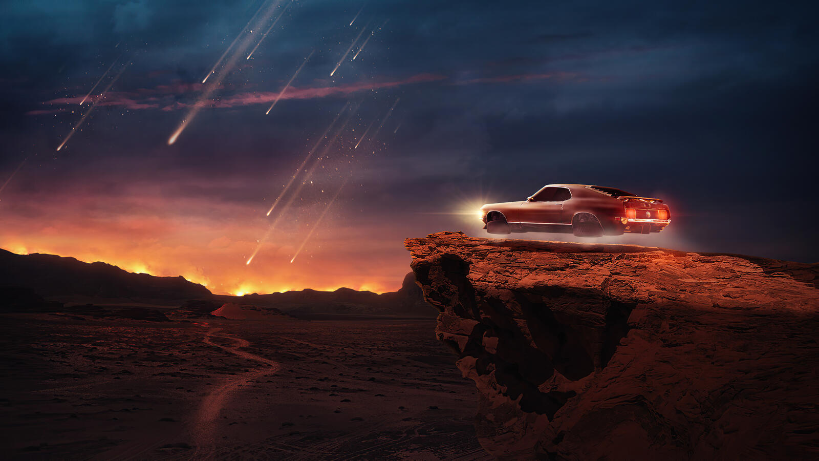 Free photo A levitating Ford Mustang on the edge of a cliff.