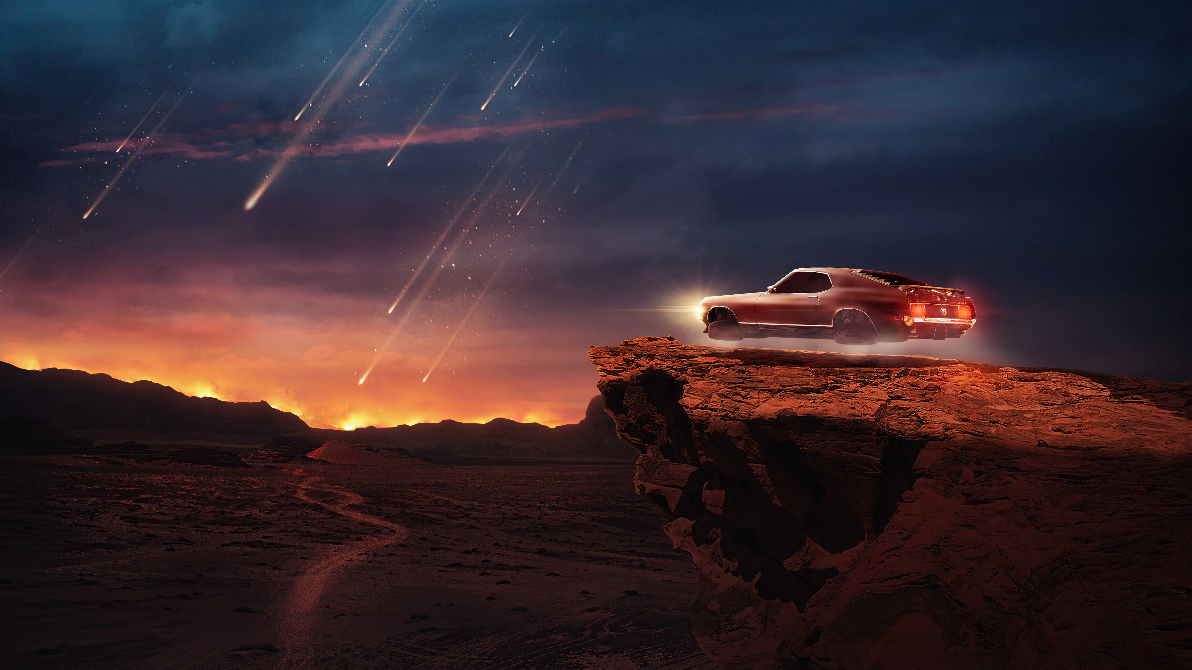 Free photo A levitating Ford Mustang on the edge of a cliff.