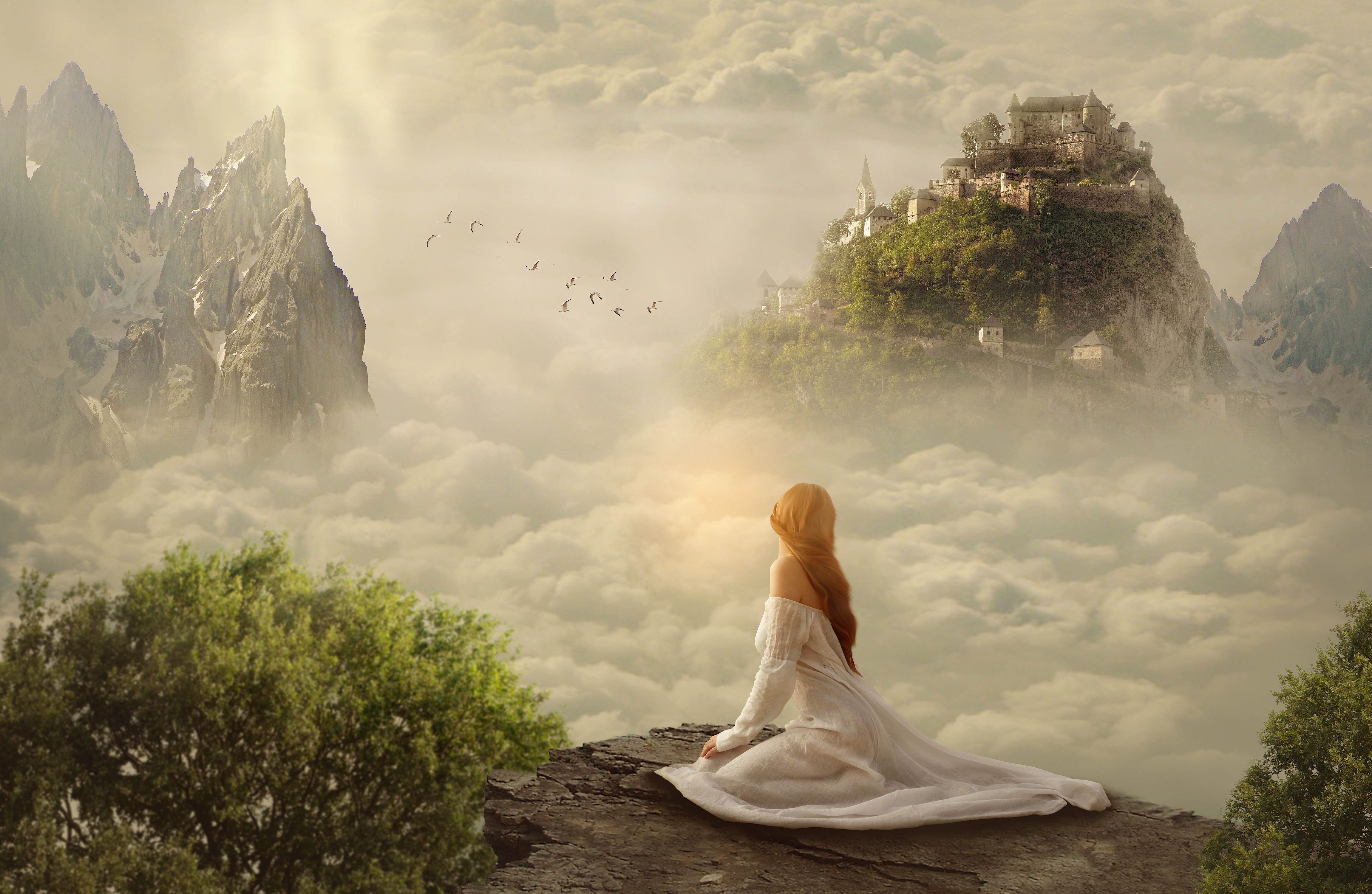Фото бесплатно туман, обои красивая девушка-фантазерка, замок