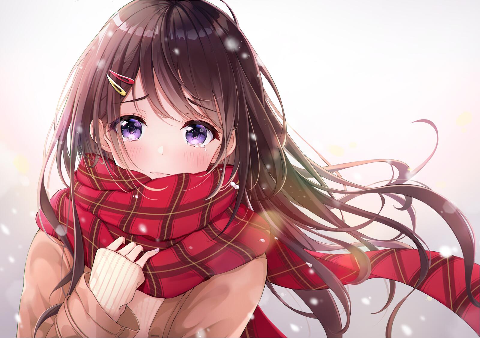 Wallpapers wallpaper anime girl red scarf brown hair on the desktop