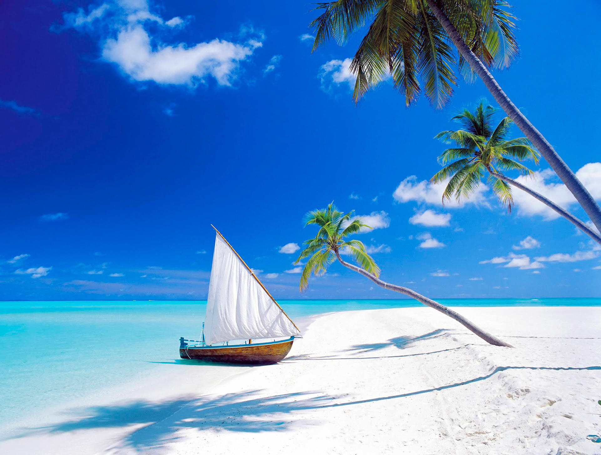 Обои пальмы лодка Мальдивы на рабочий стол