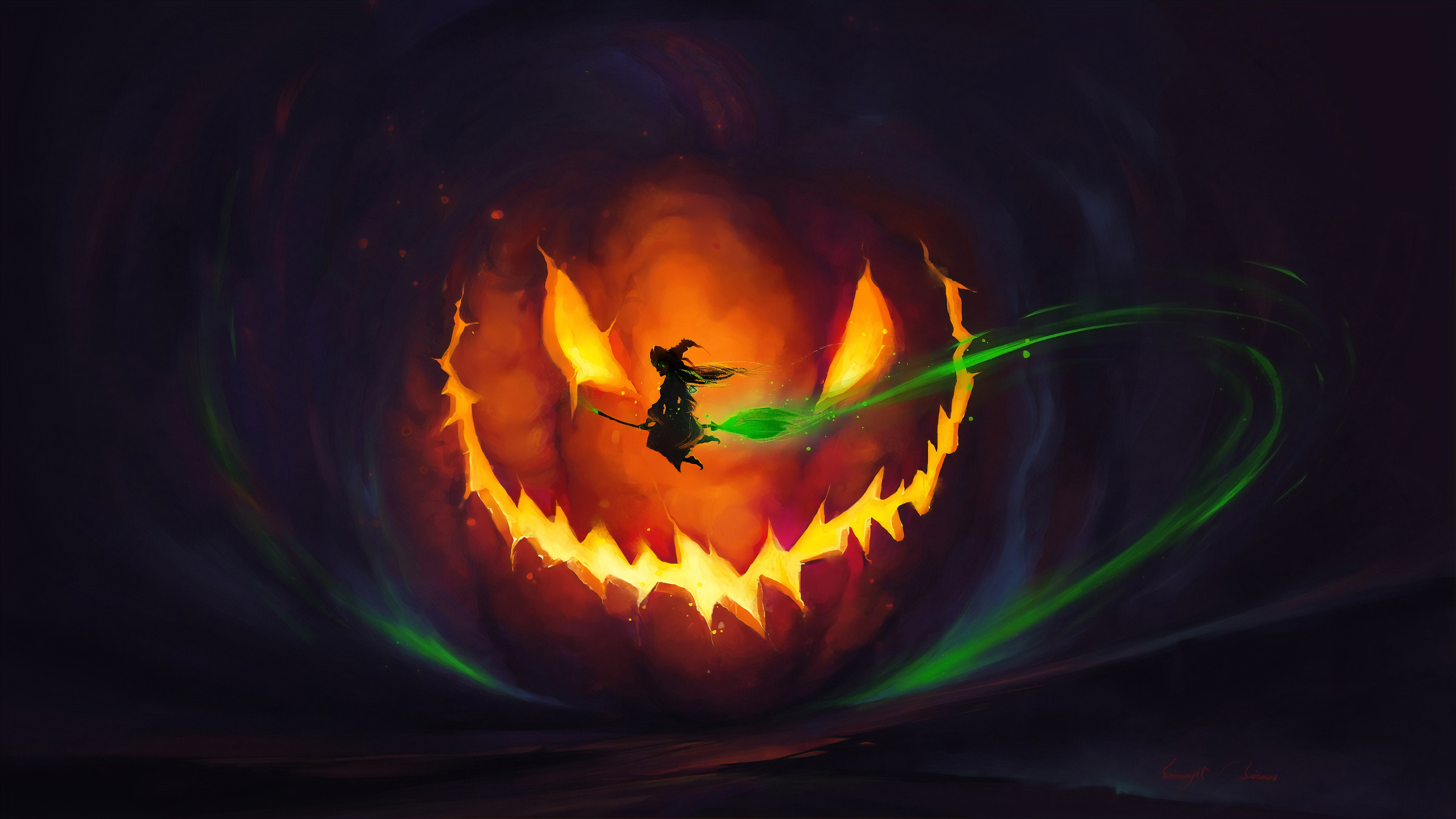 A witch flies in front of a pumpkin