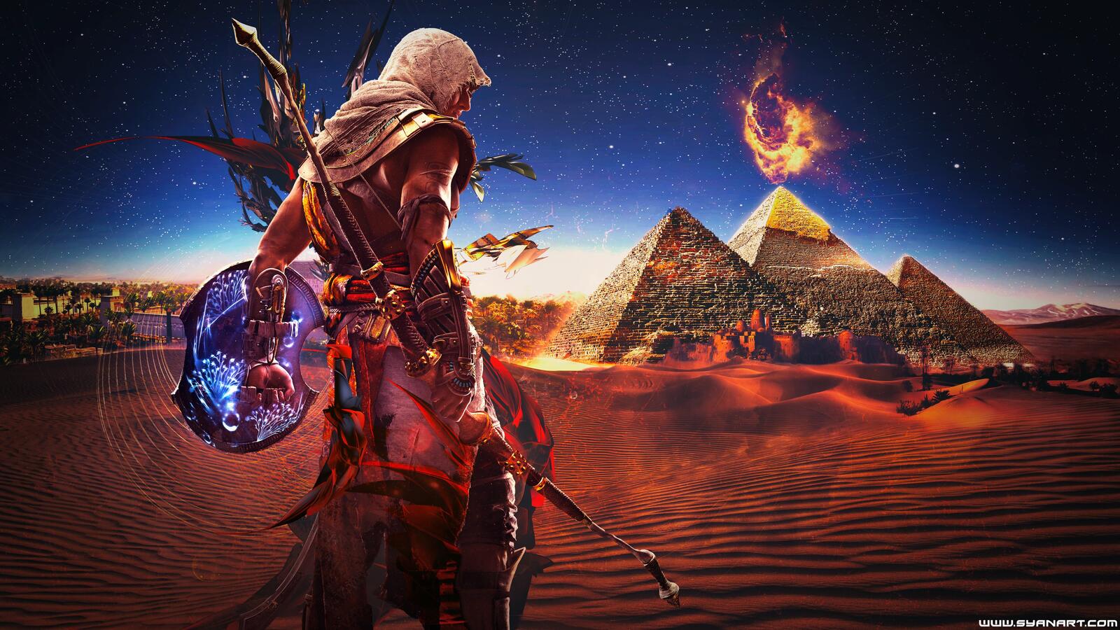 Wallpapers assassins creed standing with his back pyramid on the desktop