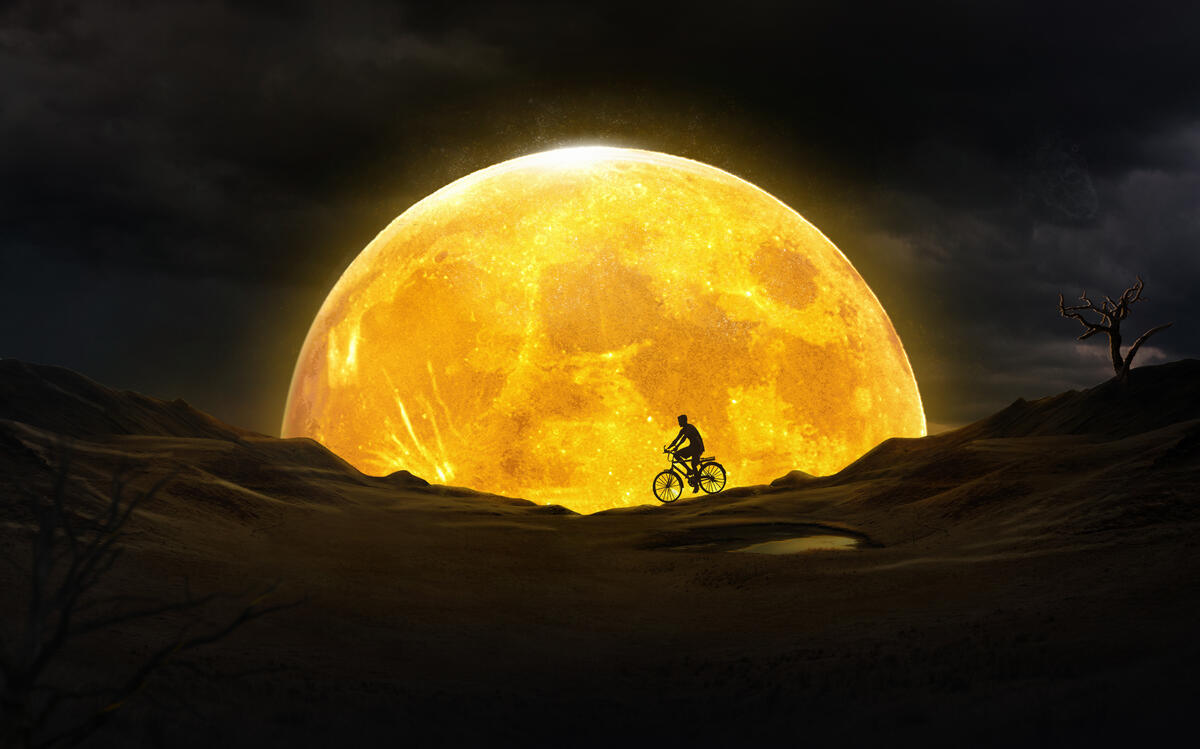 The silhouette of a bicyclist against the yellow moon.