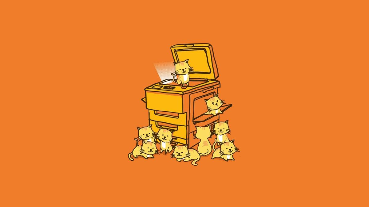 Cute drawn kittens on an orange background