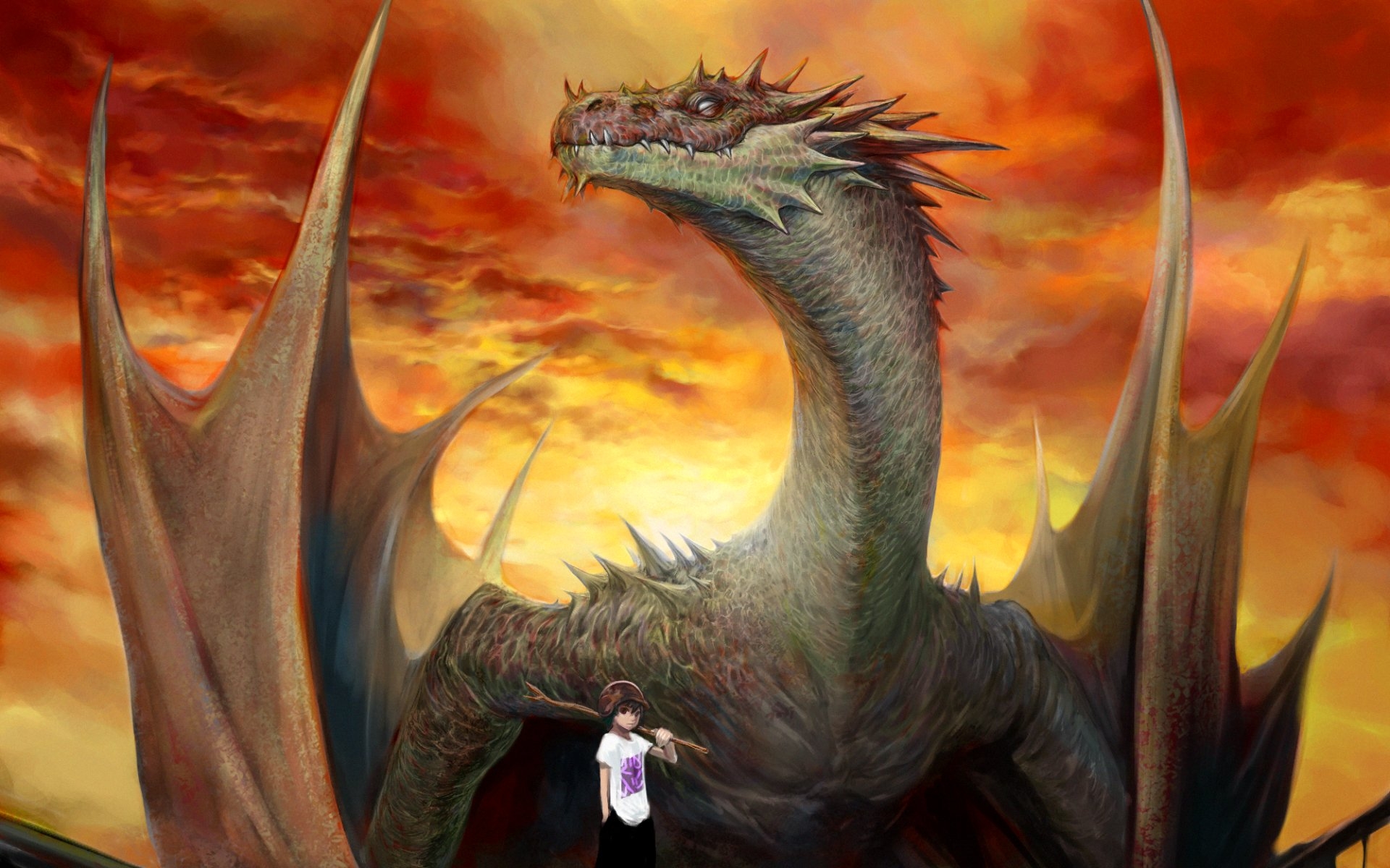 Фото бесплатно обои дракон, красное небо, мужчина