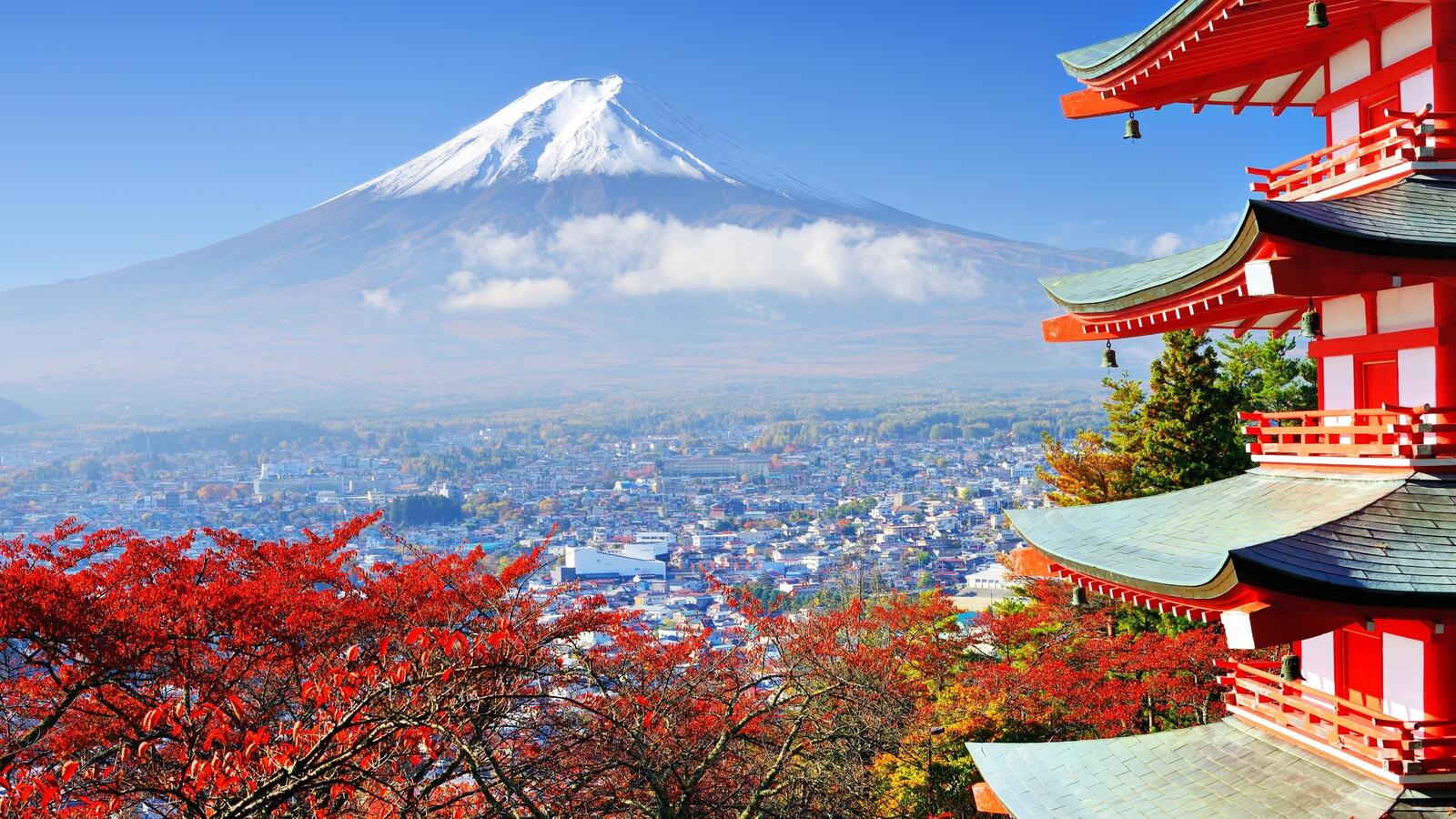 桌面上的壁纸日本 富士山 传统建筑