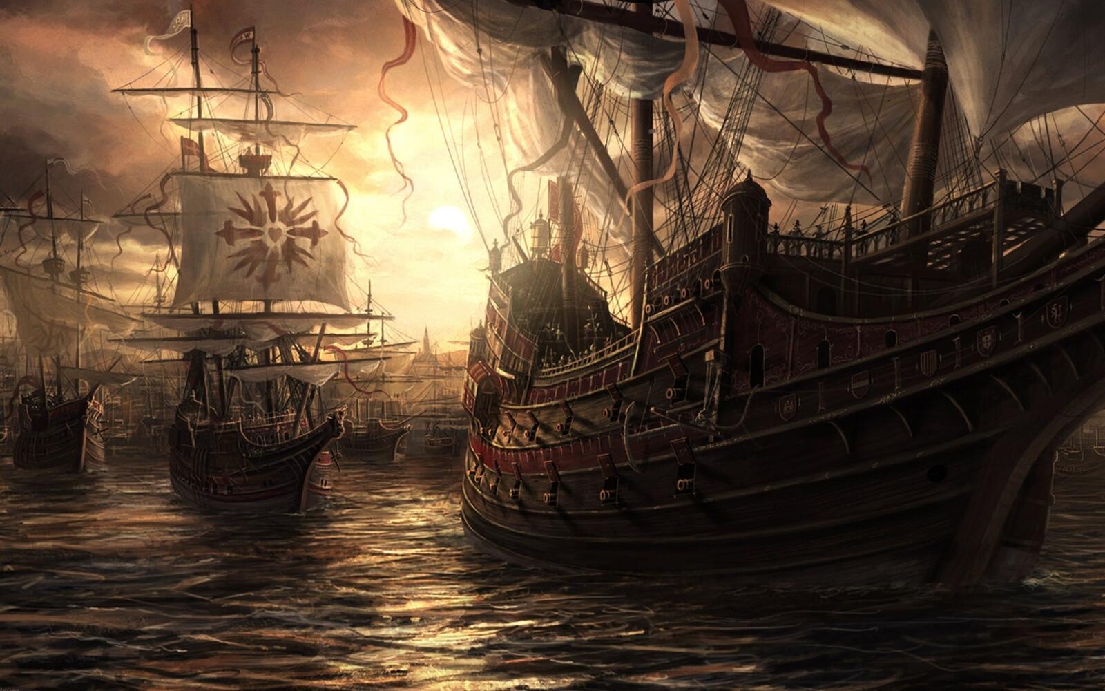 Wallpapers pirate wallpaper sailing ships flags on the desktop