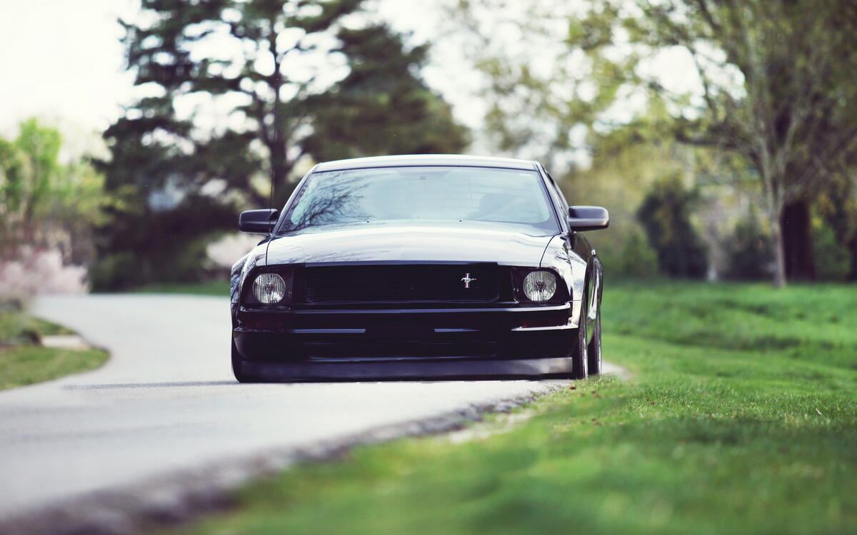 A black understated ford mustang is parked in the driveway.