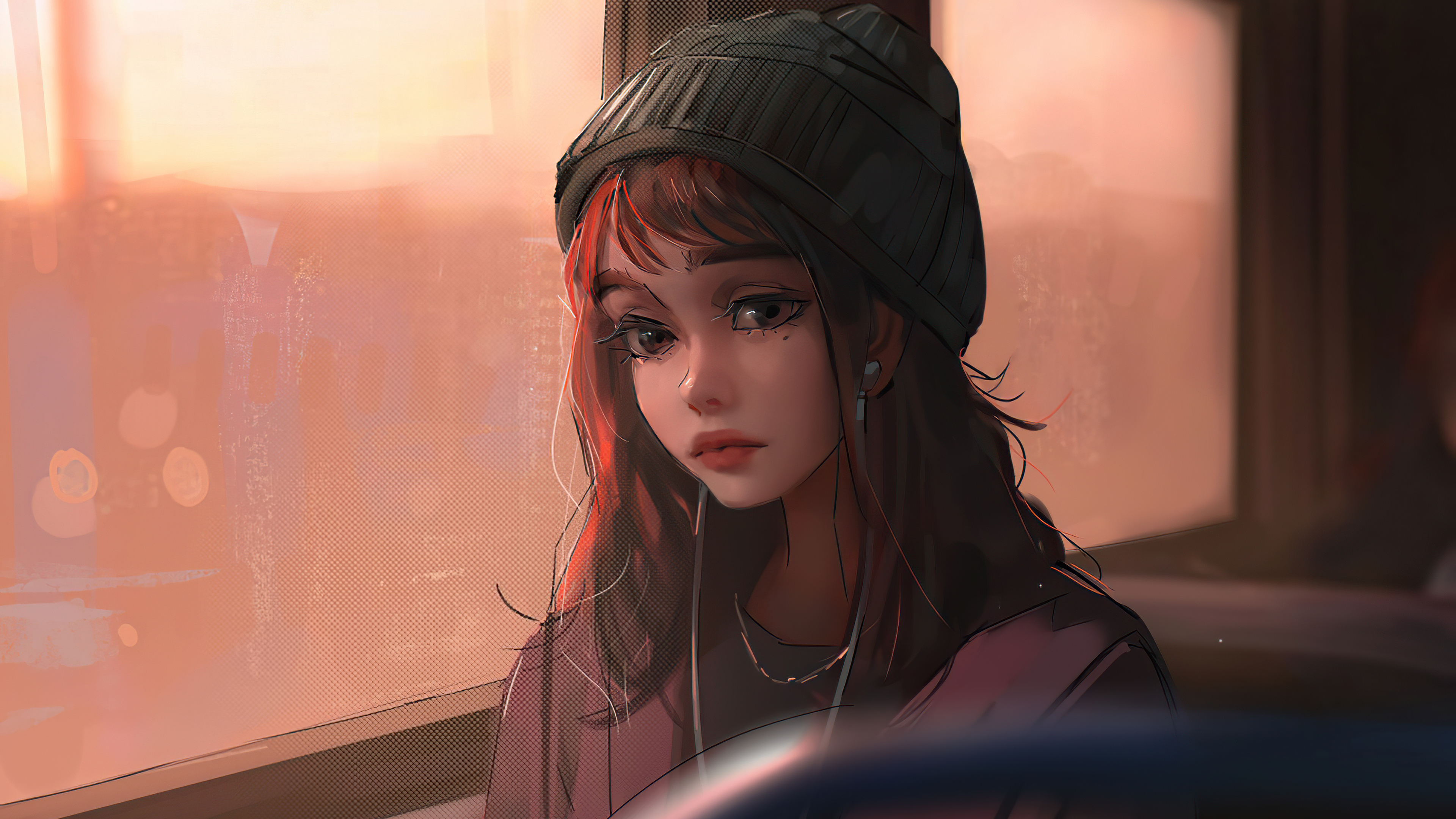 Rendering of a sad girl wearing headphones sitting by the window