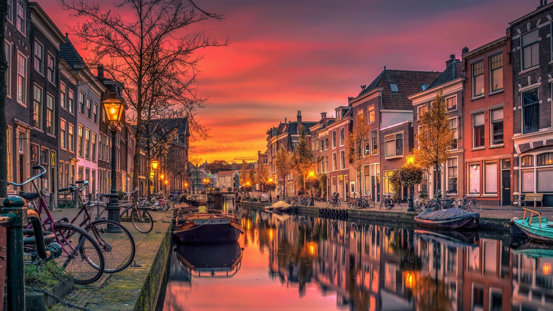 桌面上的壁纸阿姆斯特丹 水渠 日落