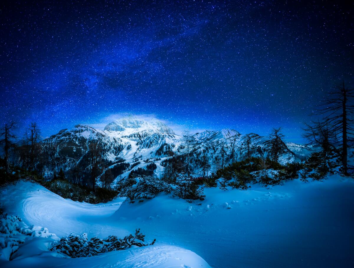 The milky way in the mountains in winter