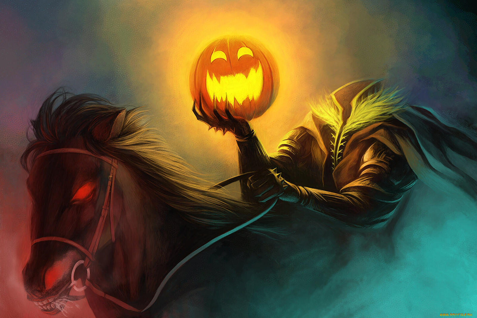 Free photo Headless Horseman with Glowing Pumpkin
