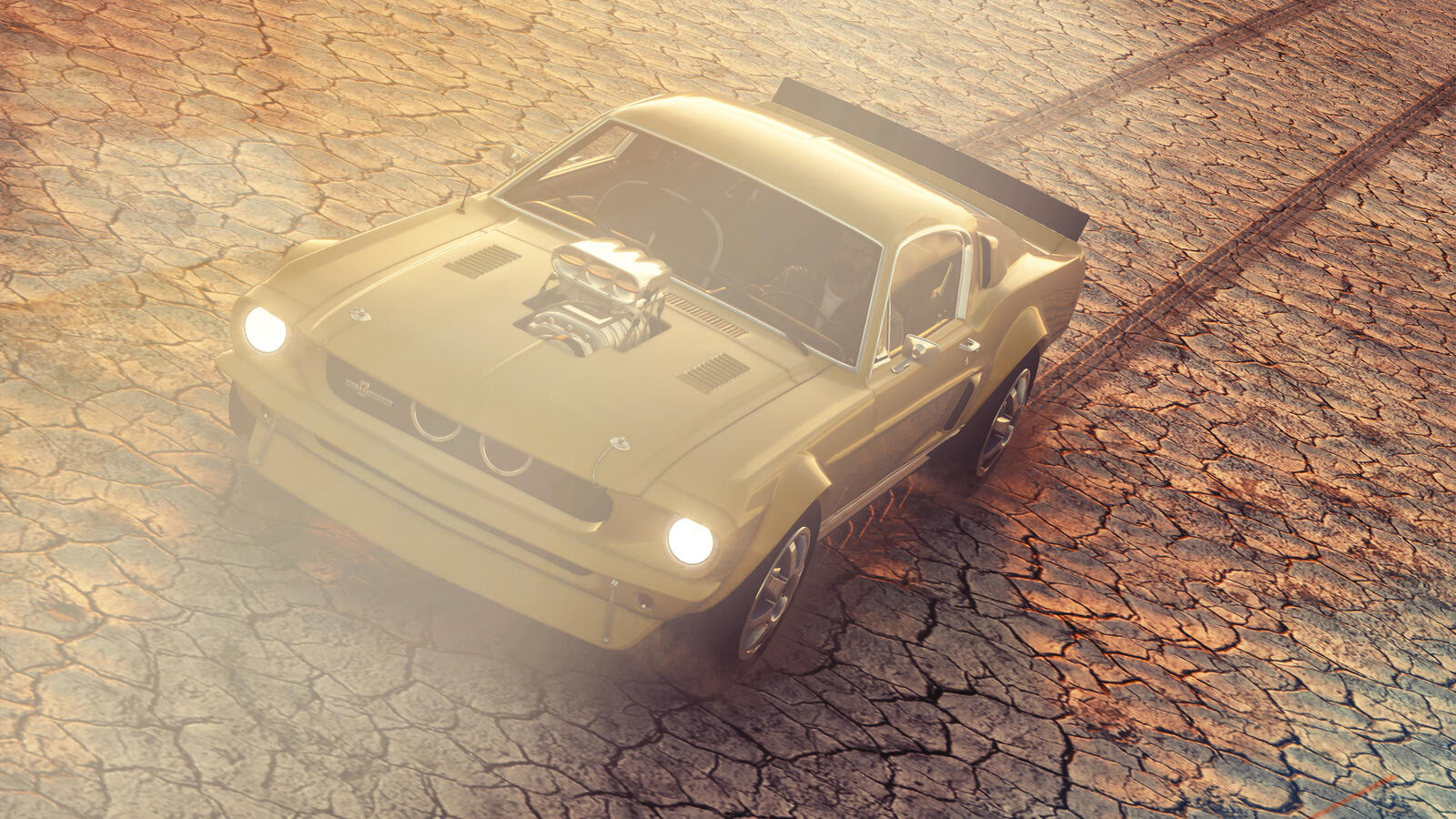 Free photo Yellow Ford Mustang driving through a dusty field.