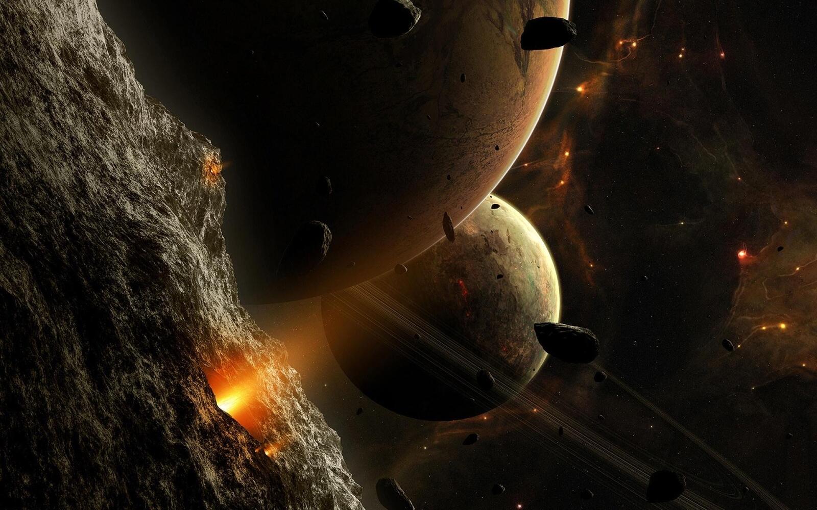 Обои планета астероиды взрывы на рабочий стол