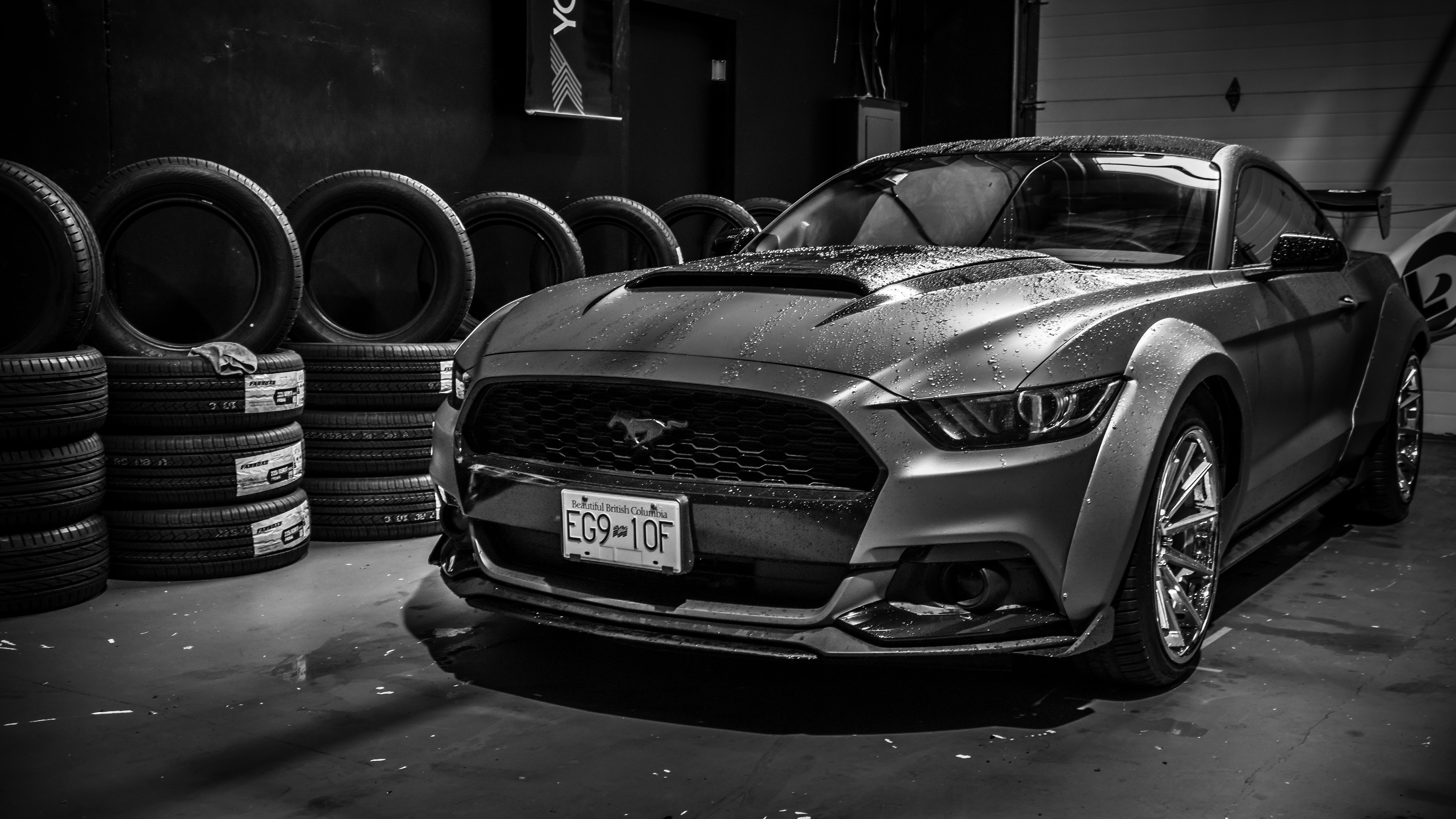 A black-and-white shot of a cool Ford Mustang