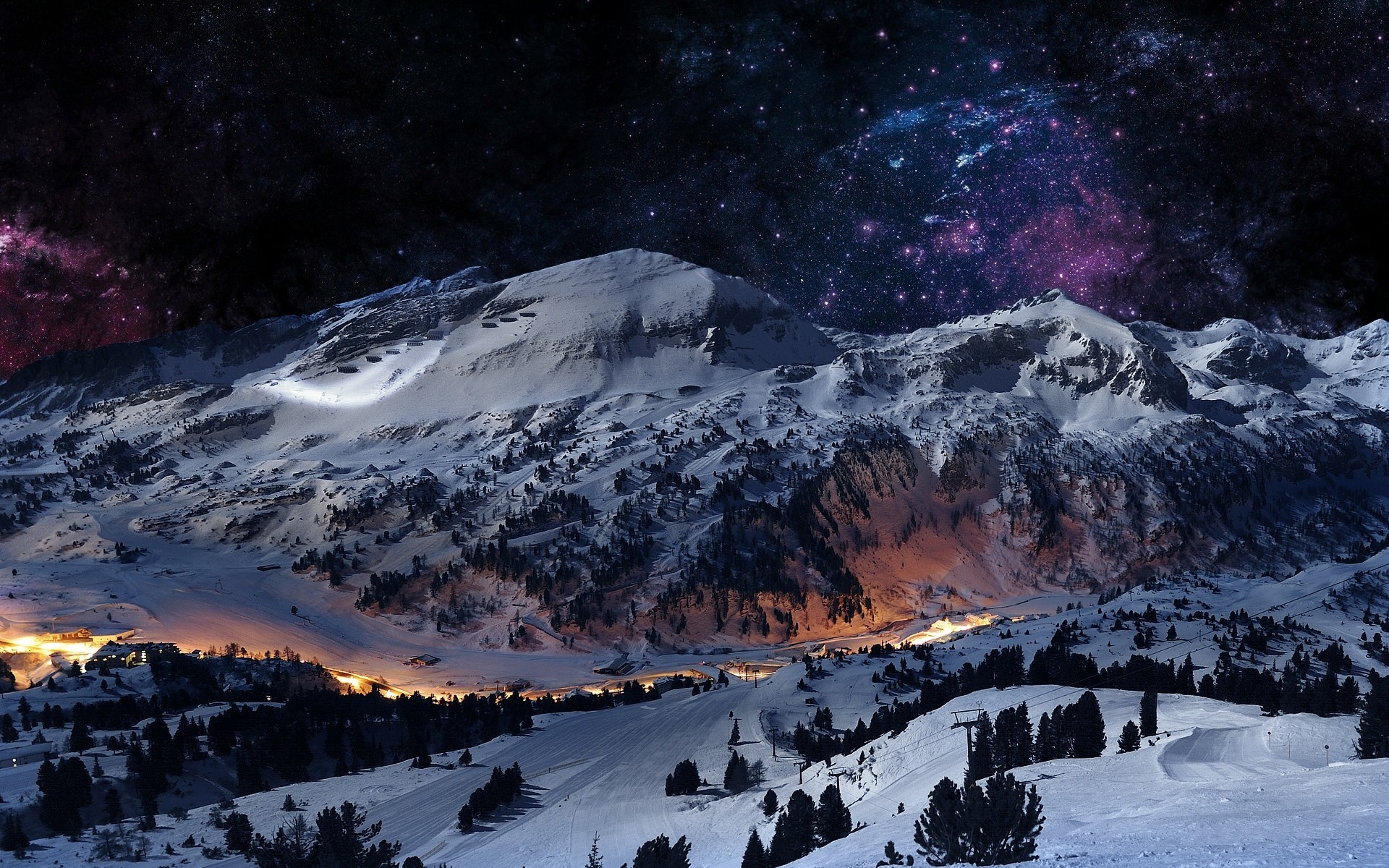 Unusual starry sky in the snowy mountains