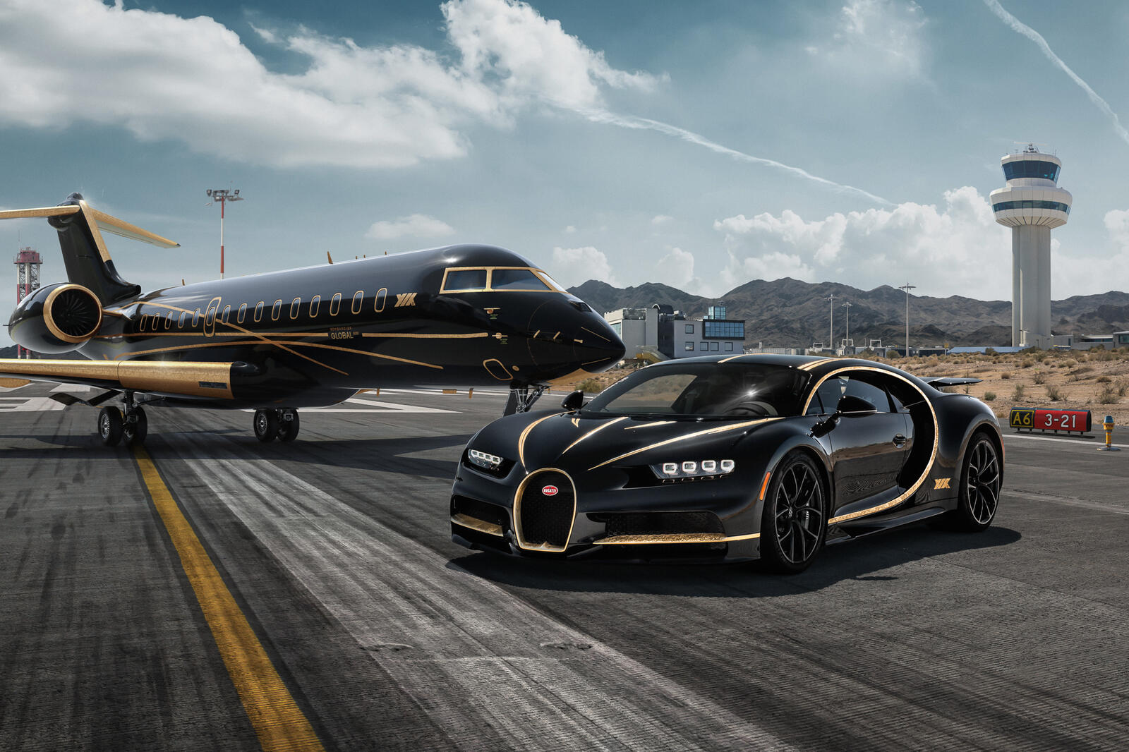Free photo Bugatti Chiron and airplane in the same black and gold style